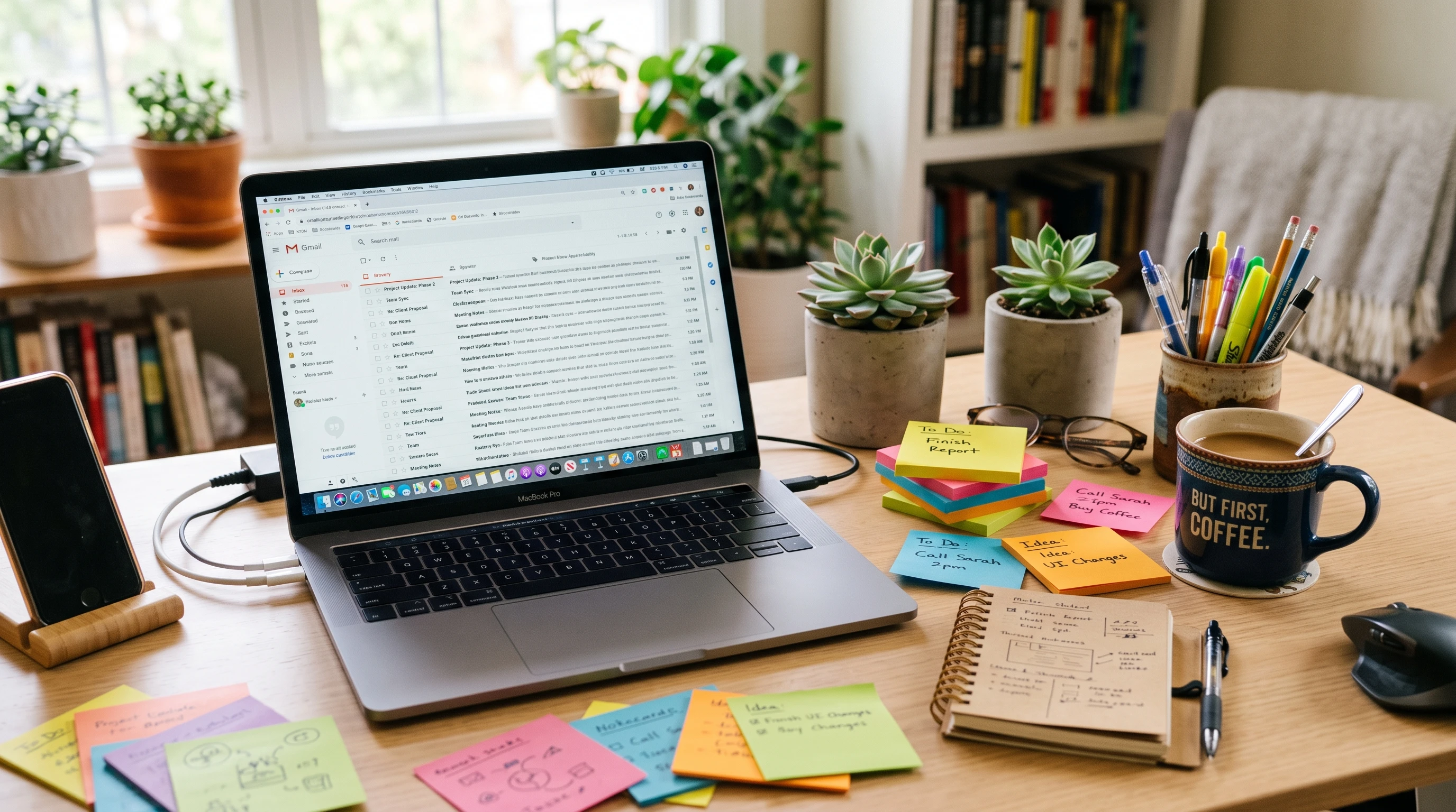 A laptop with an email inbox open, surrounded by note cards and coffee on a modern workspace table.