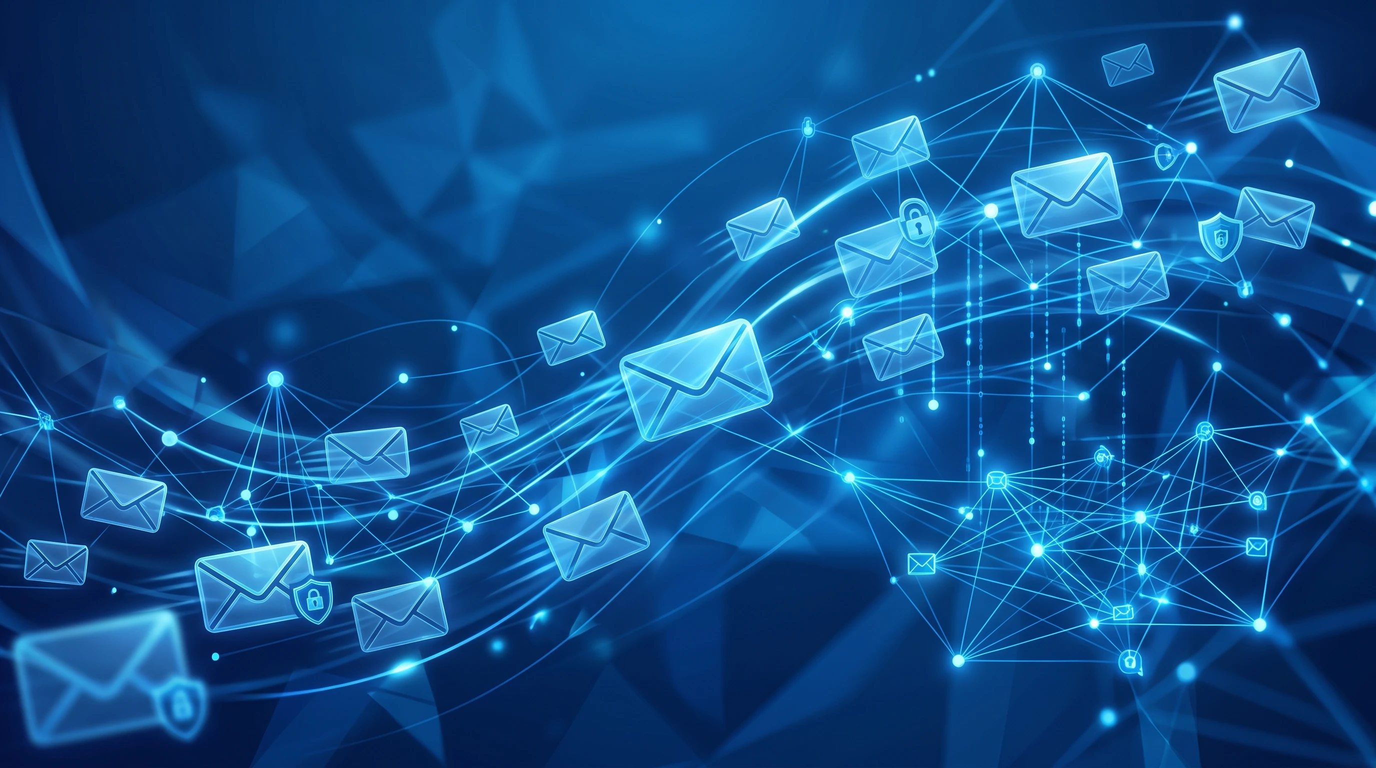 Abstract illustration of digital envelopes on a blue background, representing safelist mailers and list building.