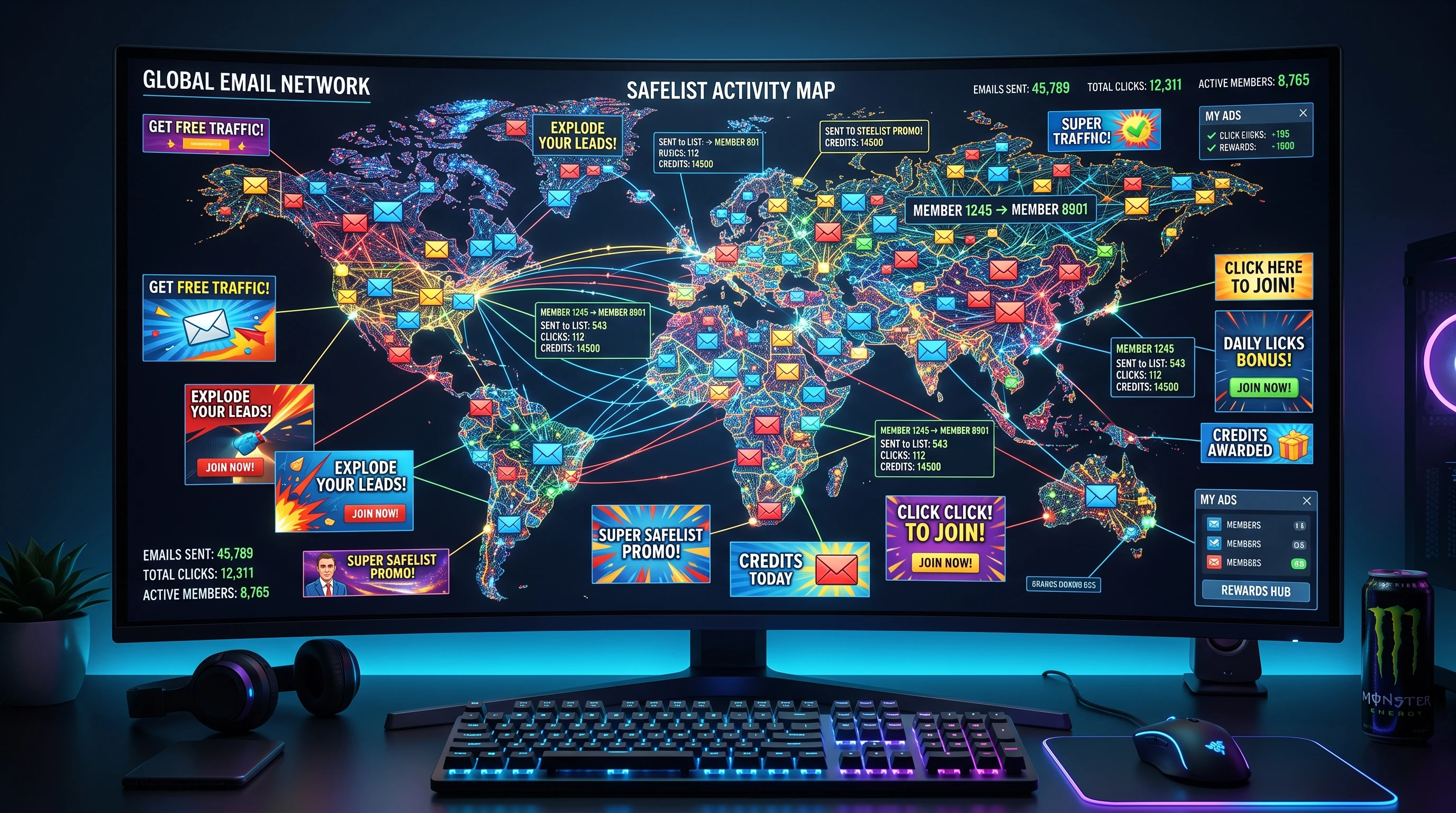 An abstract concept depicting digital promotional mailers, emails, and interconnected networks