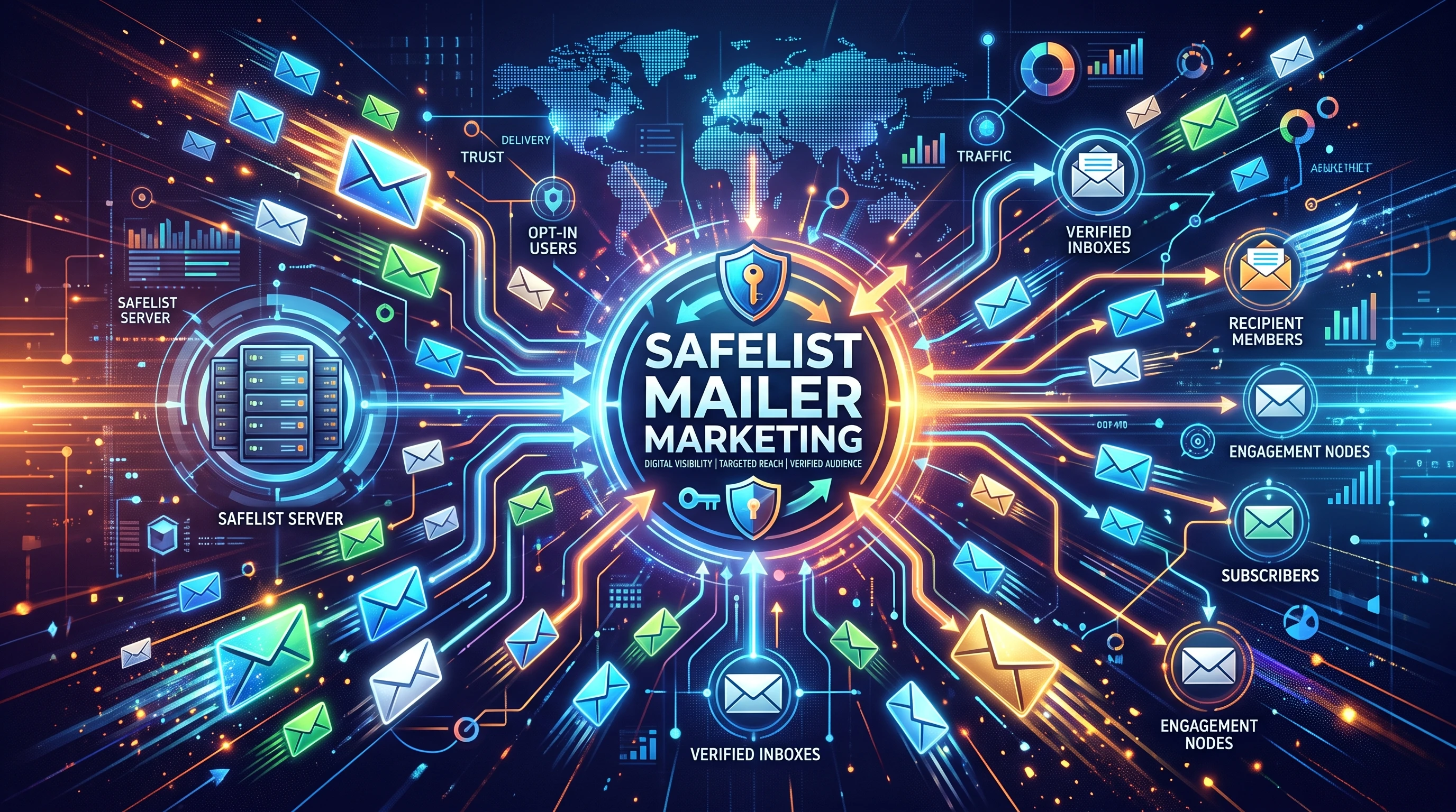 Abstract concept of safelist mailer marketing with email icons on digital background