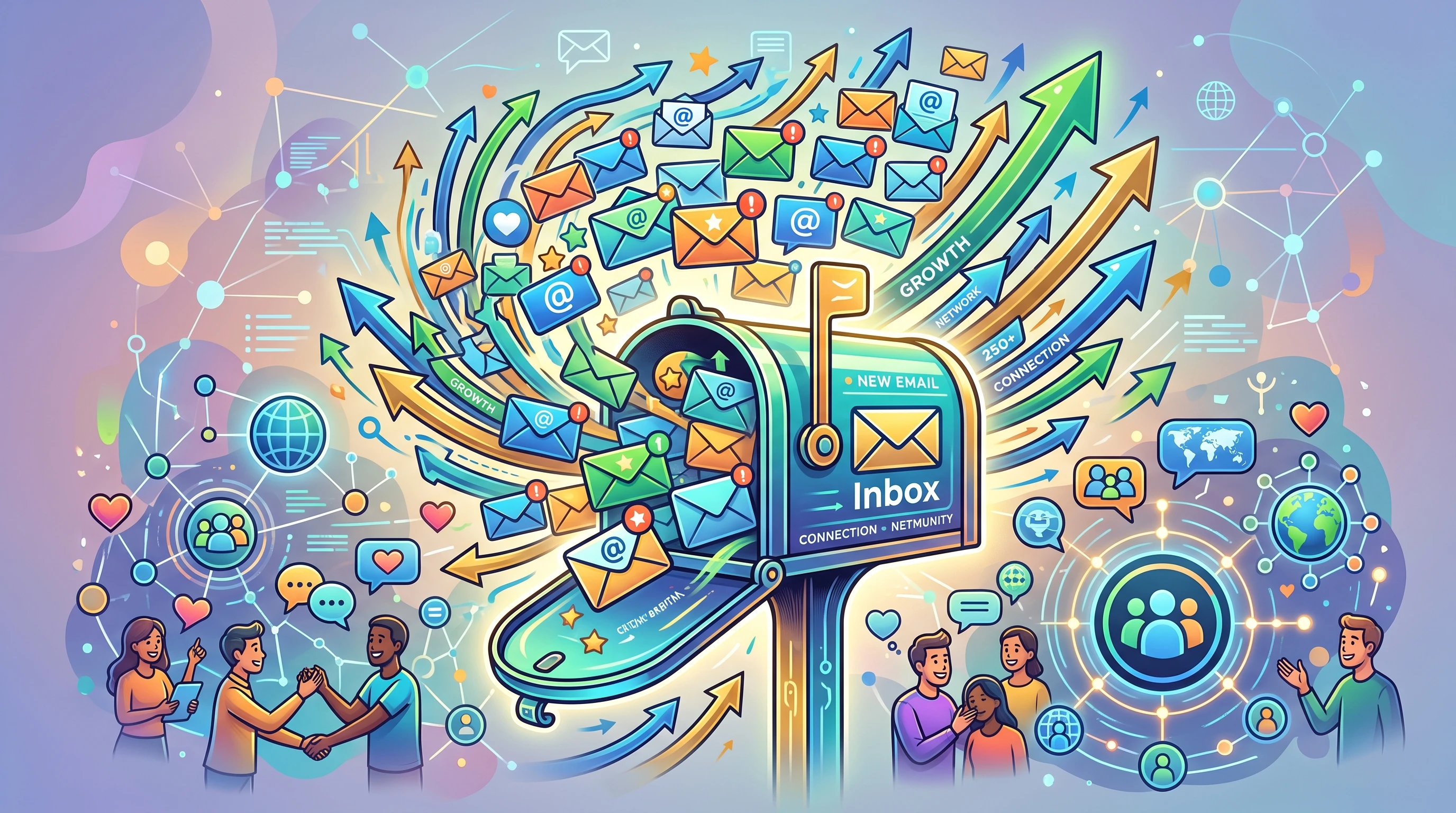 A stylized digital mailbox overflowing with email icons and arrows representing growth, surrounded by graphic elements of community and connection.