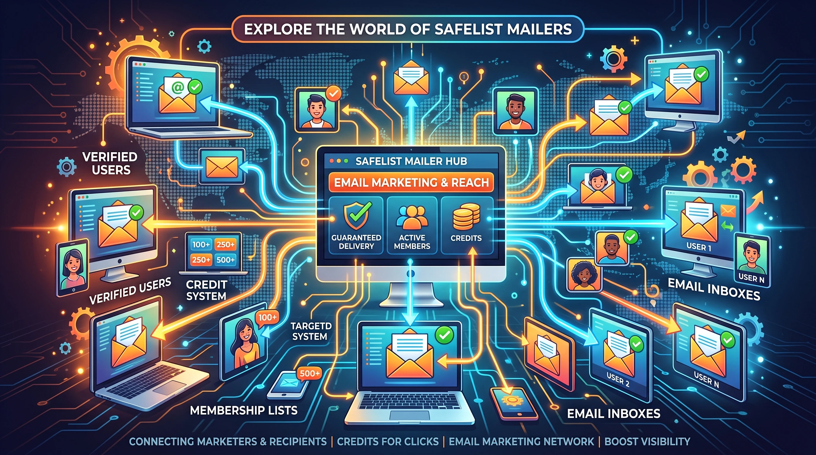 Colorful graphic showing digital mailboxes and networked computers representing safelist mailers