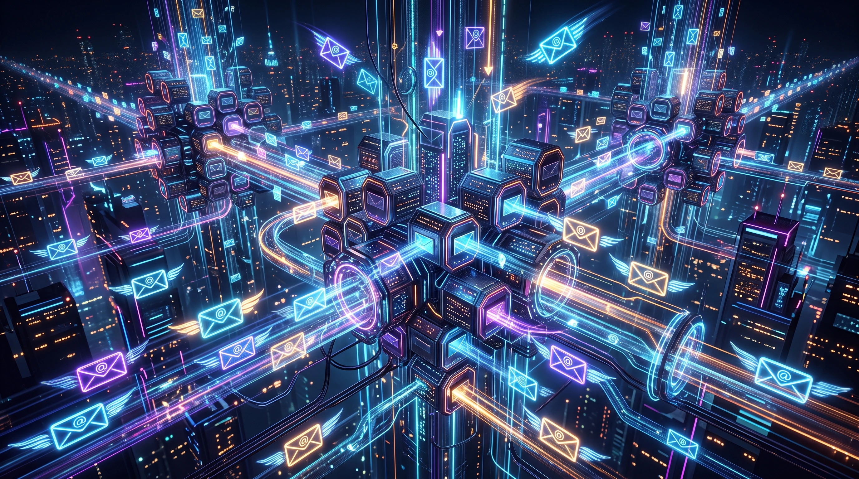 Abstract digital mailboxes and email envelopes, a futuristic network connecting inboxes