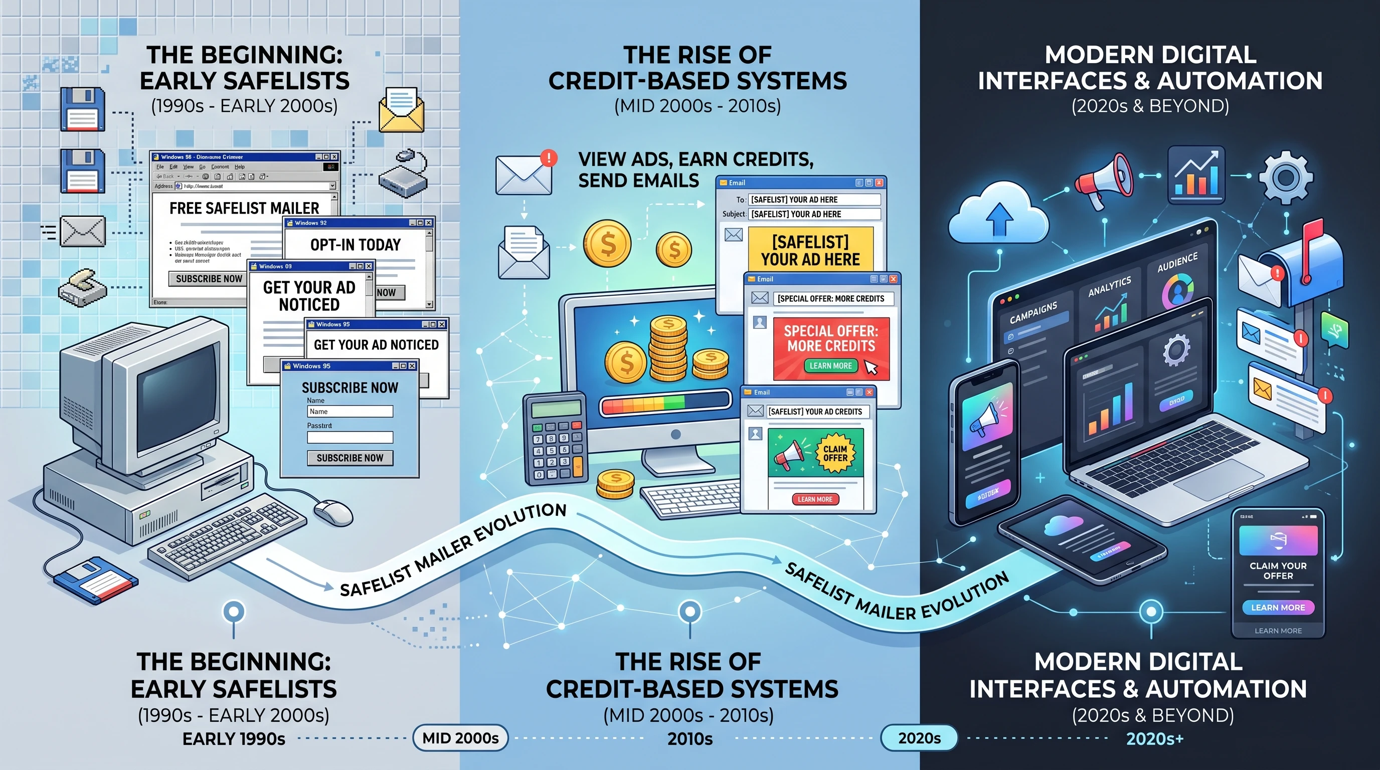 A collage image featuring retro email icons, classic web interfaces, and digital mailboxes representing the evolution of safelist mailers over time.