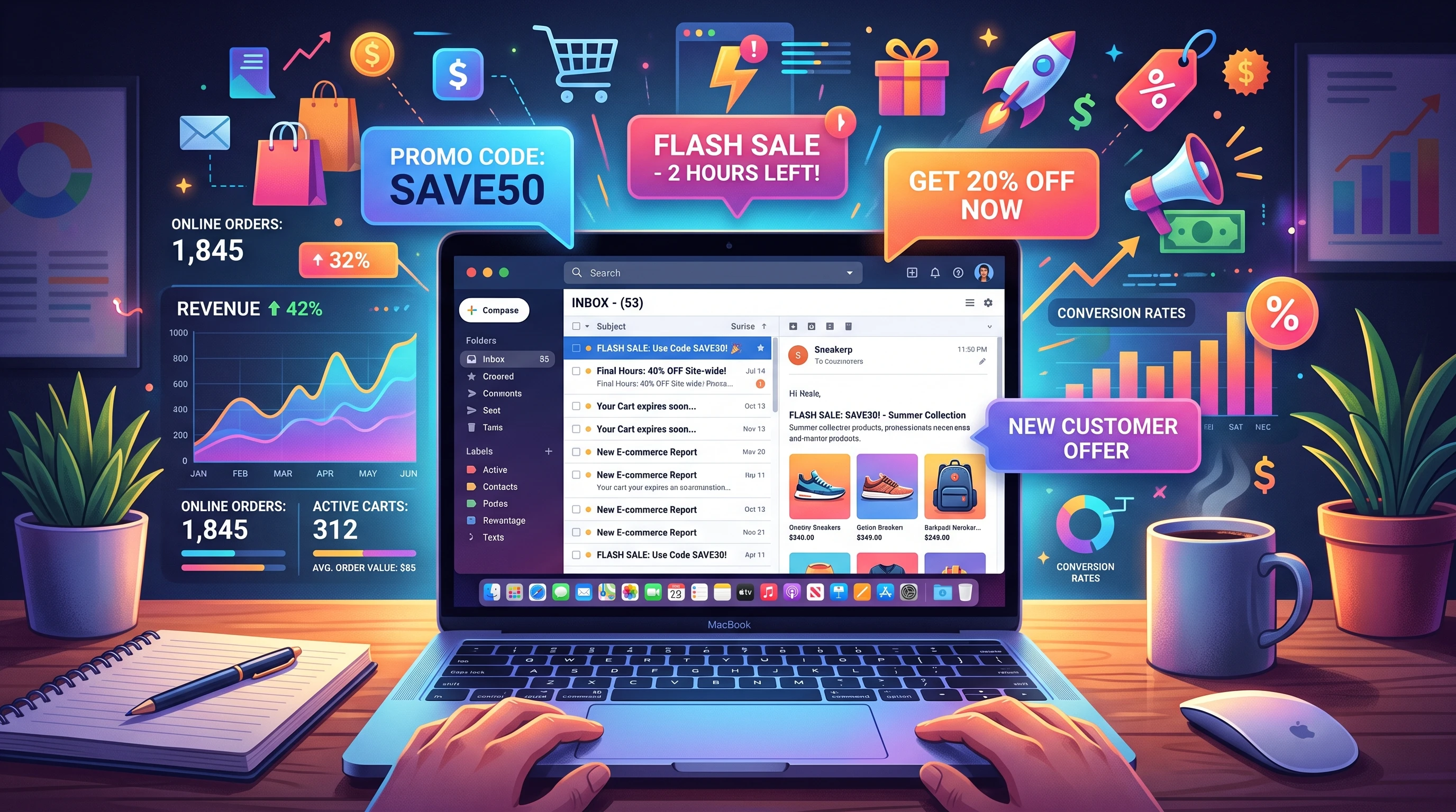 Digital illustration of email marketing campaign with promo code pop-ups, digital gift icons, and analytics charts.