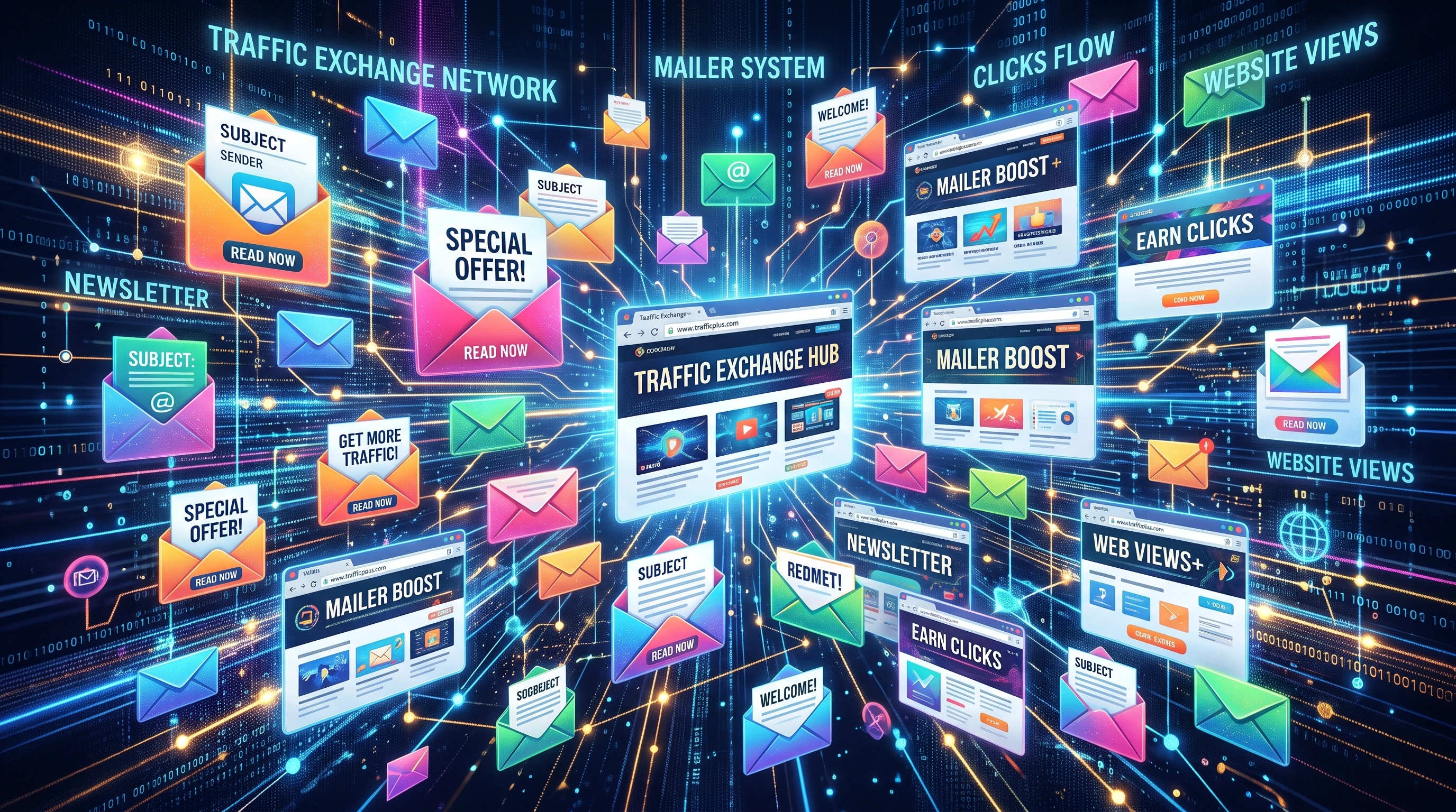 A collection of colorful emails and websites floating on a digital background representing mailers and traffic exchanges.