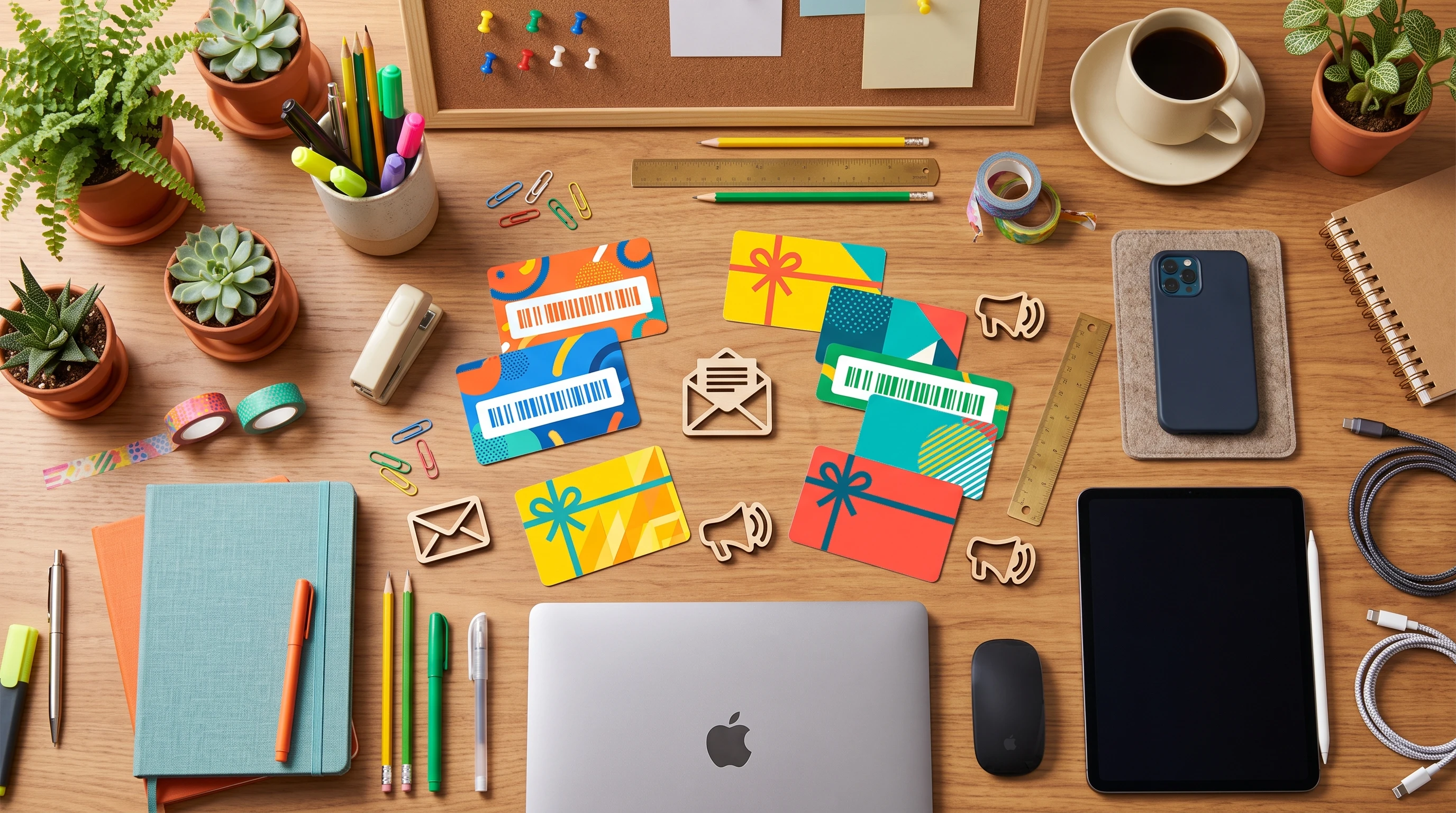 Colorful flat-lay of promotional codes, digital gift cards, and email newsletter icons displayed on a workspace table