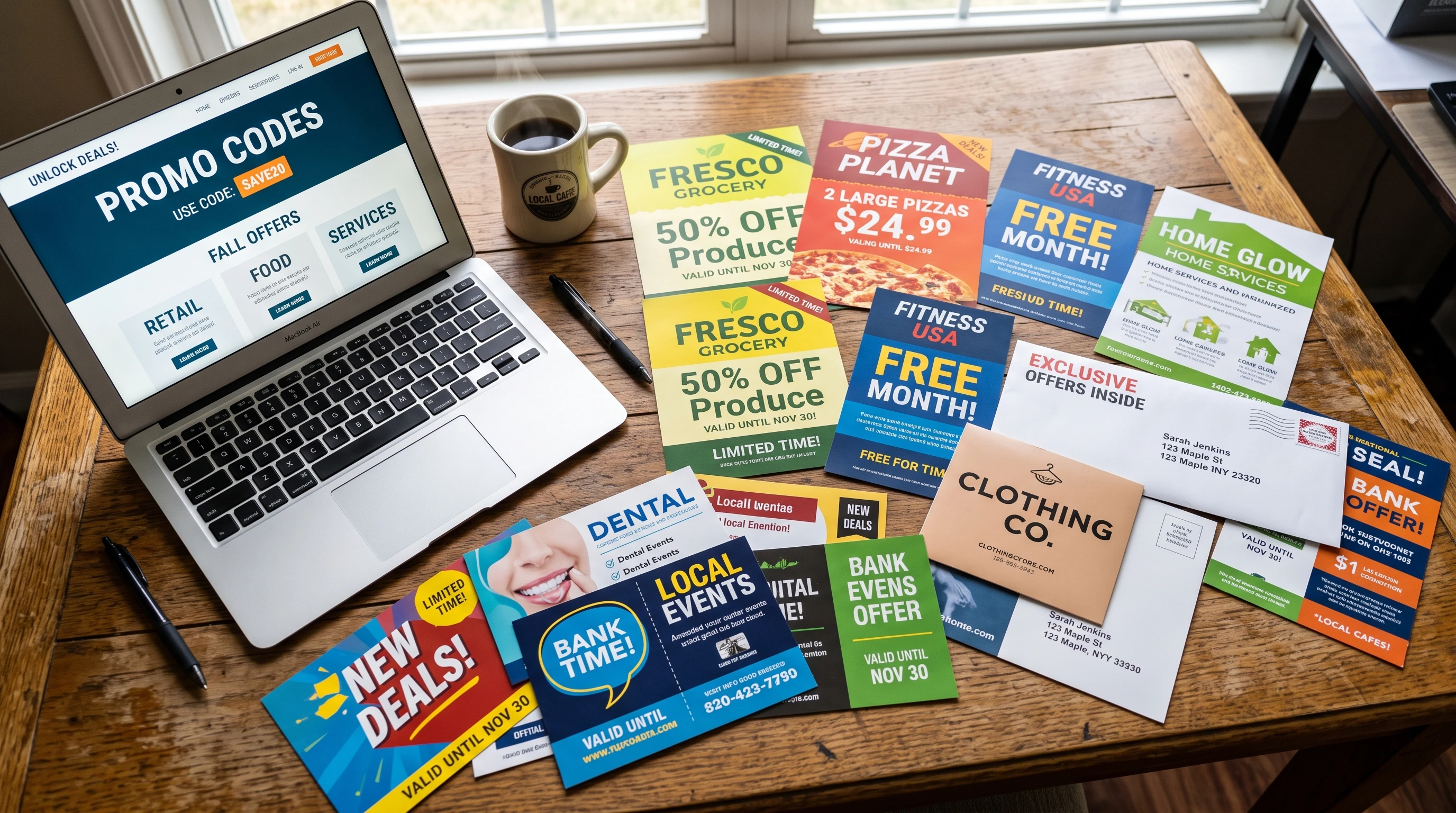 A colorful spread of various direct mail flyers, postcards, and envelopes on a wooden table, with a laptop showing promo codes on the screen nearby.