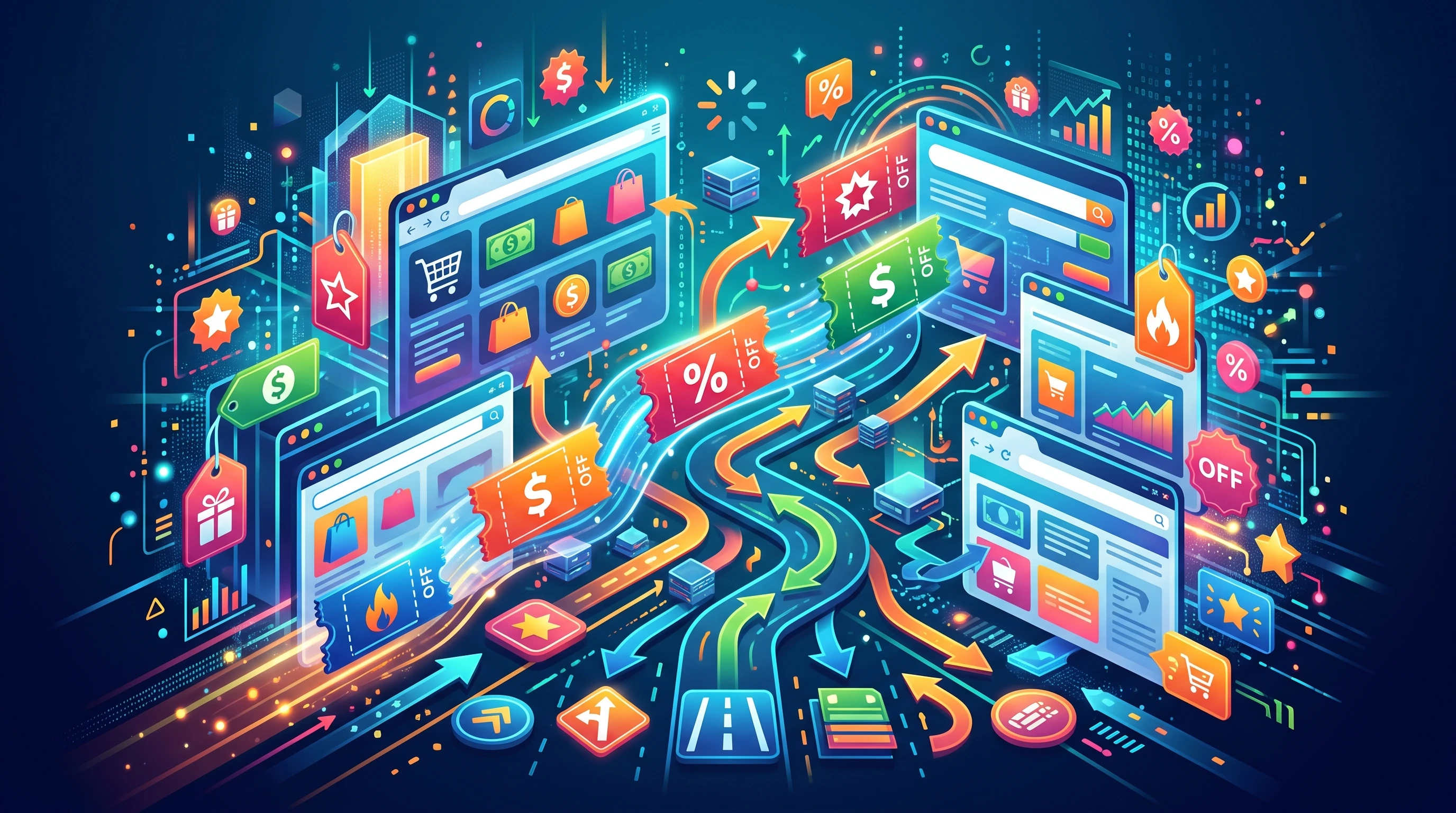 Colorful digital coupon code graphics mixed with web browser windows