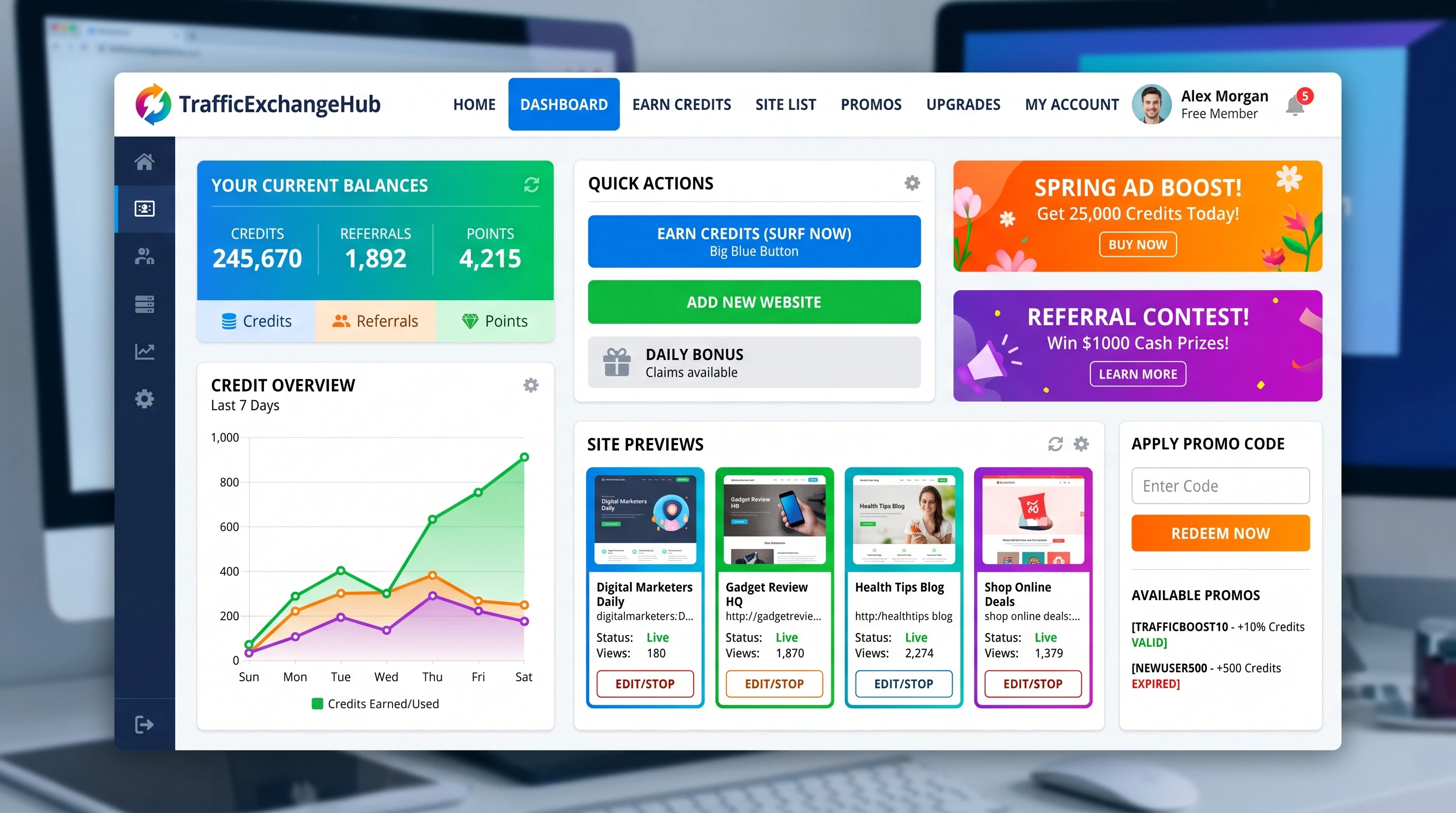A bright, graphical dashboard of a typical traffic exchange site, showing credit balances, promo code entry box, and website preview thumbnails.