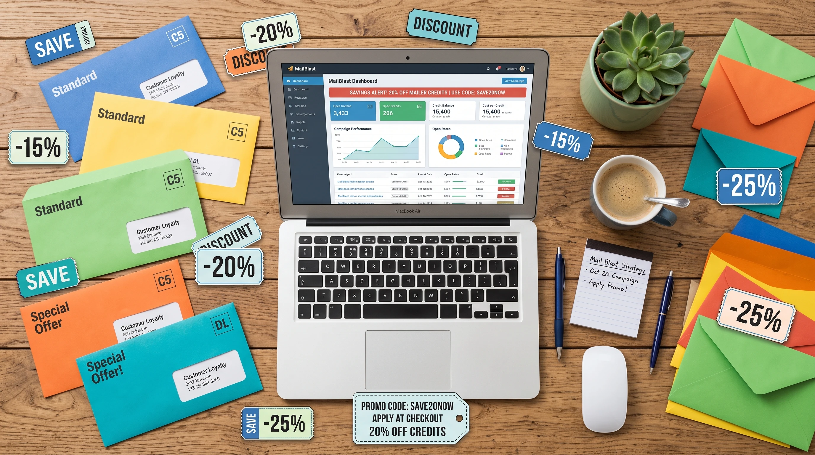 An overhead view of colorful envelopes and digital discount tags representing promo codes for mailer credits