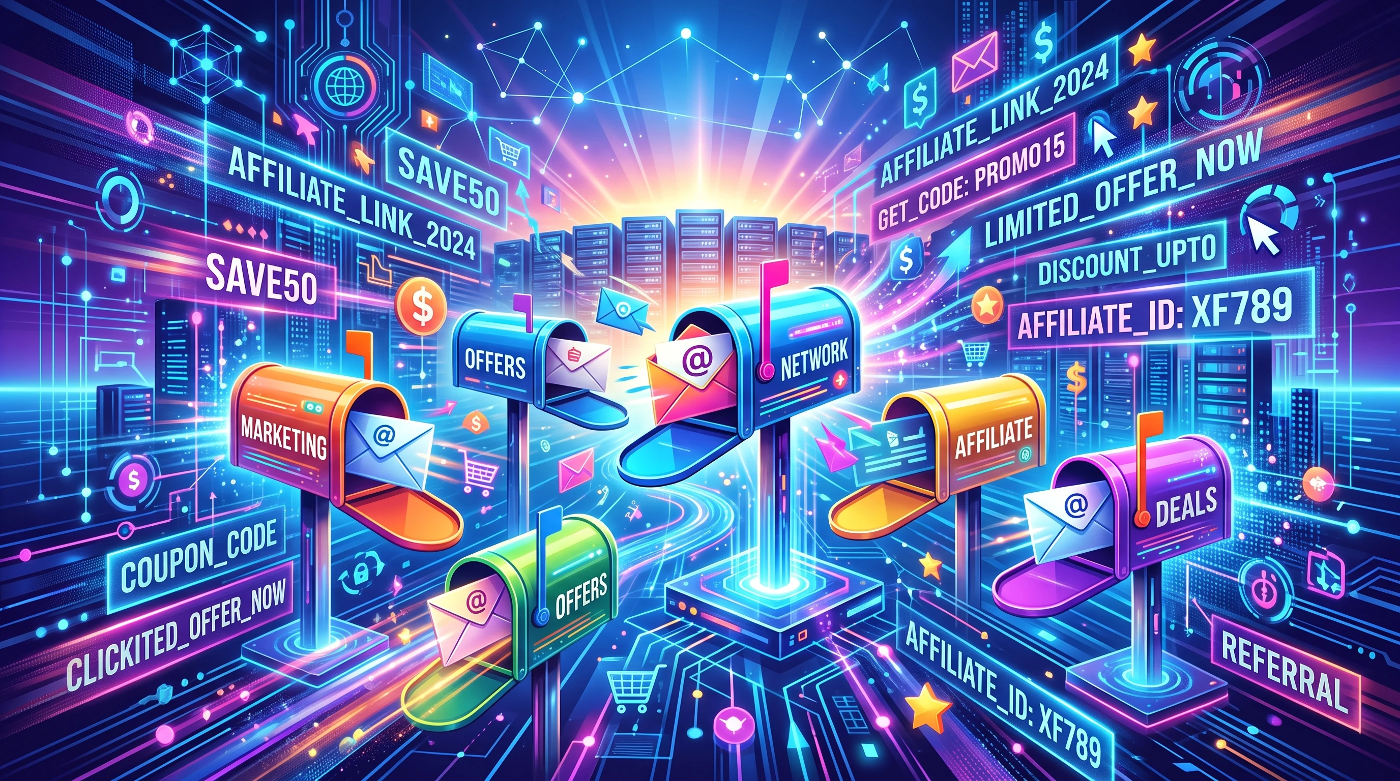 Colorful illustration of digital mailboxes and promotional codes blending into an abstract, tech-inspired background.