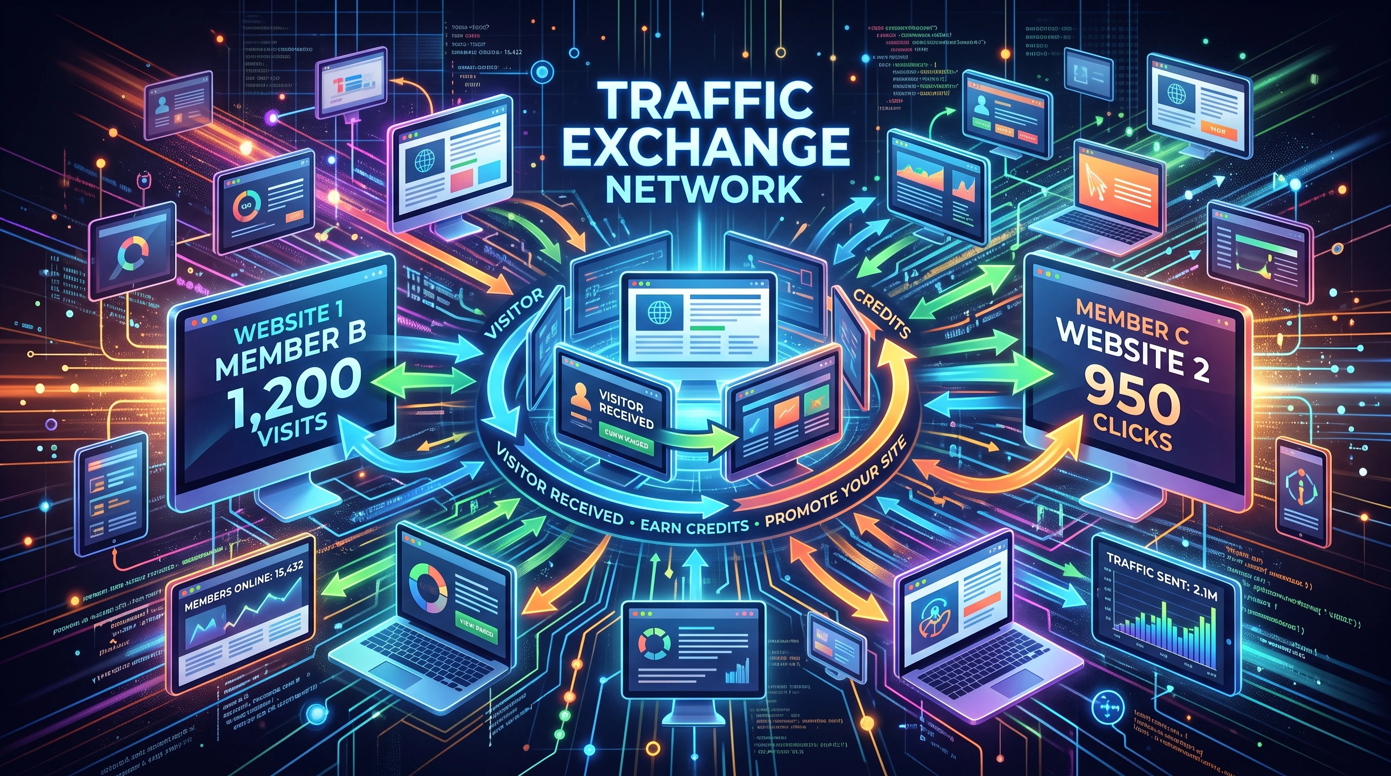 Abstract digital graphic showing computer screens with web traffic arrows, representing the concept of traffic exchanges.