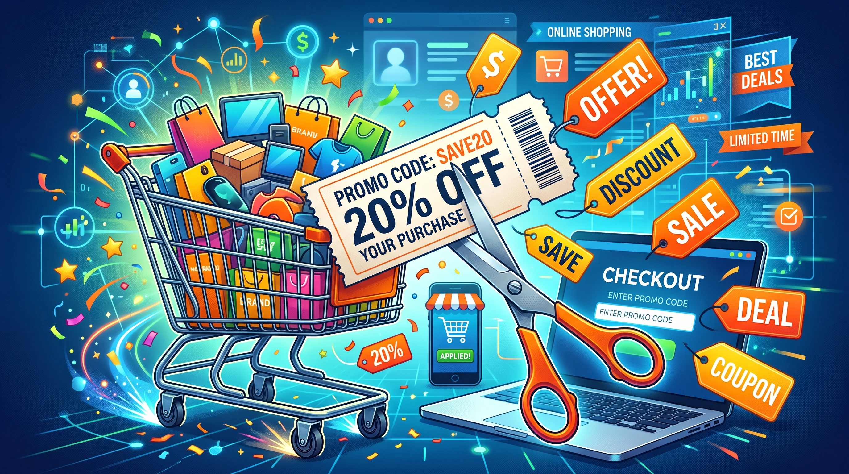 Promo code concept: scissors cutting coupon in digital marketing background, shopping cart, and discount tags