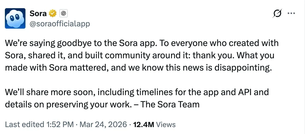 X announcement of sora shutting down
