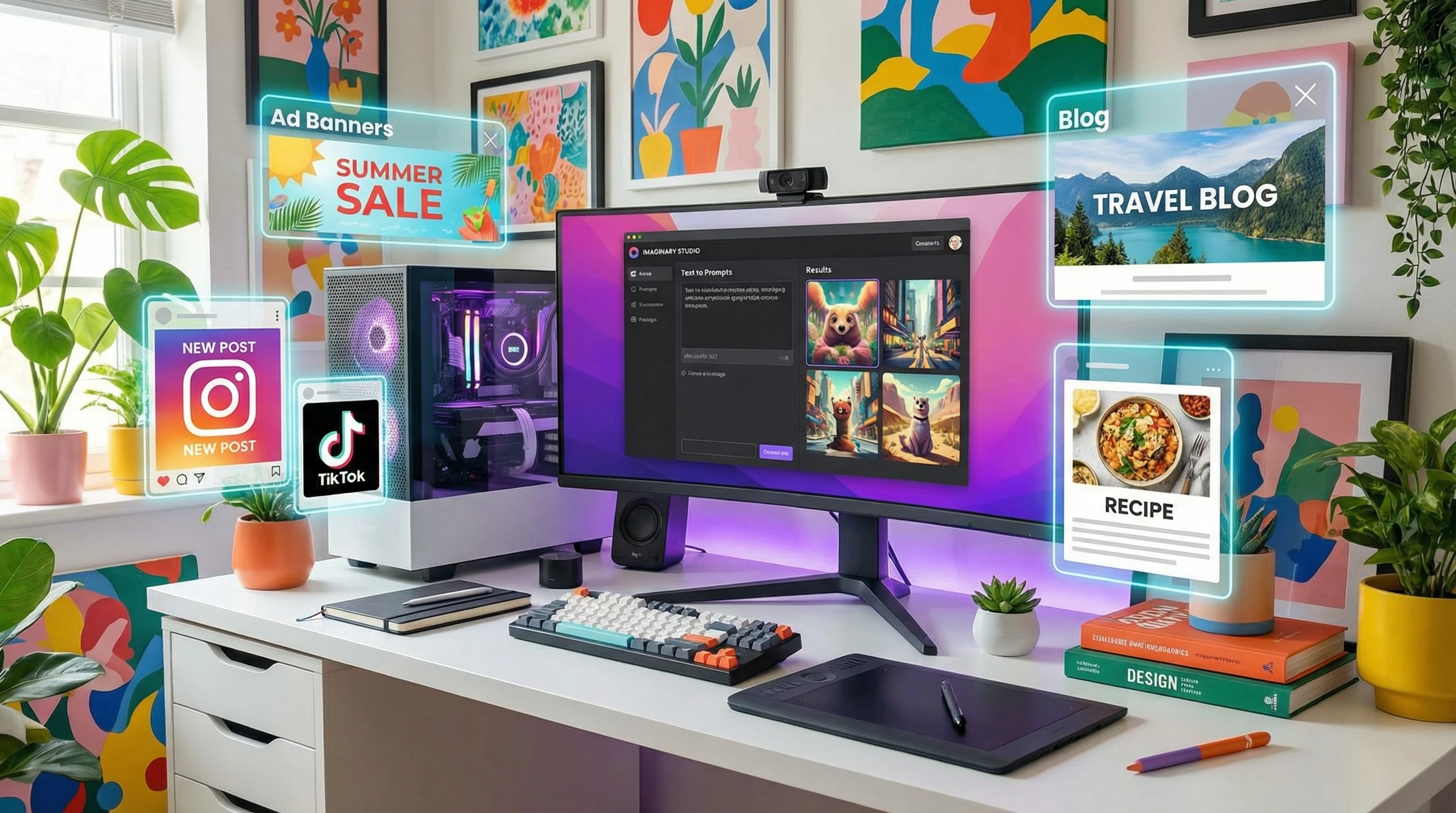 Colorful digital workspace showcasing a modern computer with creative image generation tools open on screen, surrounded by icons representing ad banners, social graphics, and blog images.