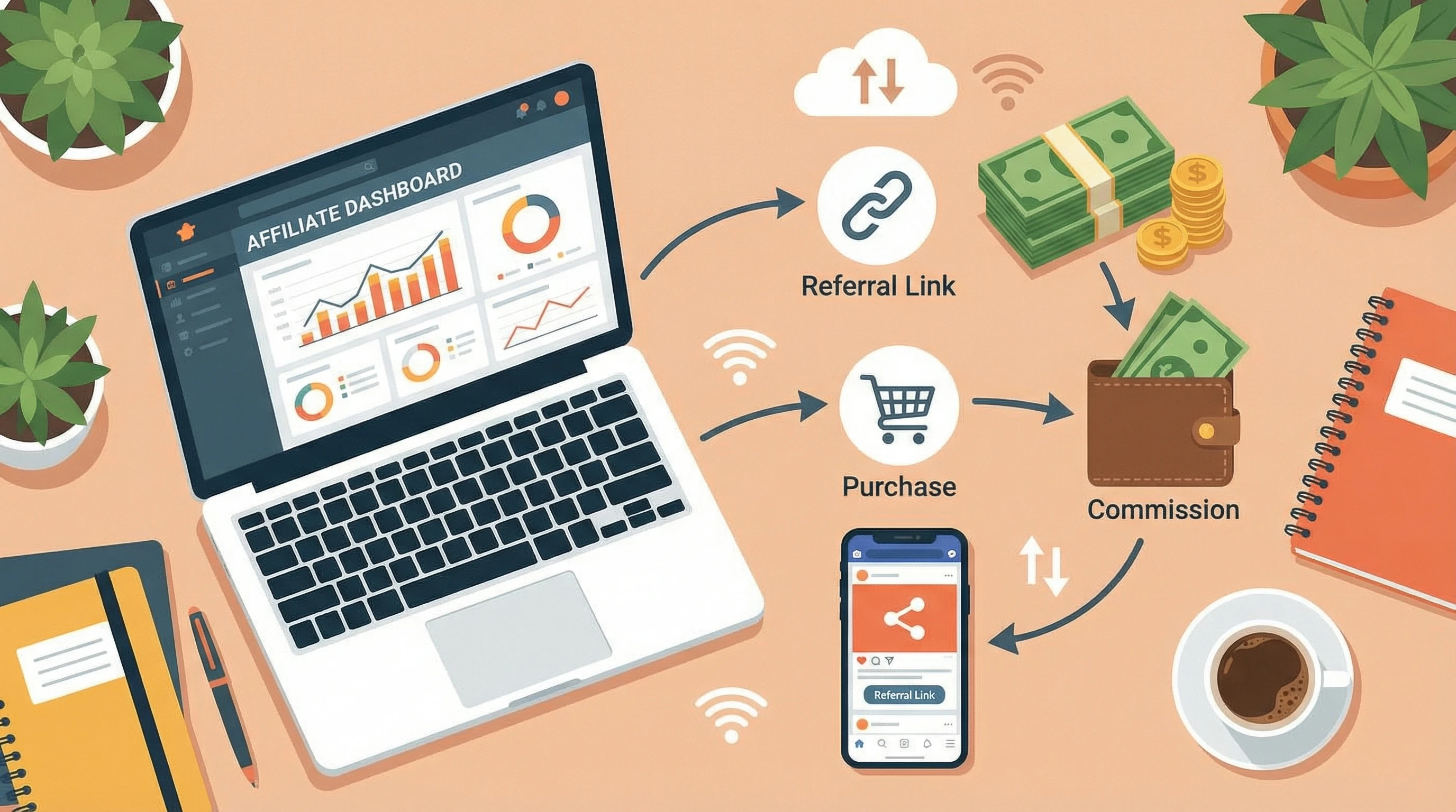 Colorful flat-lay illustration featuring digital marketing icons: laptop, money, chart, and link chains with a background suggestion of affiliate connections.