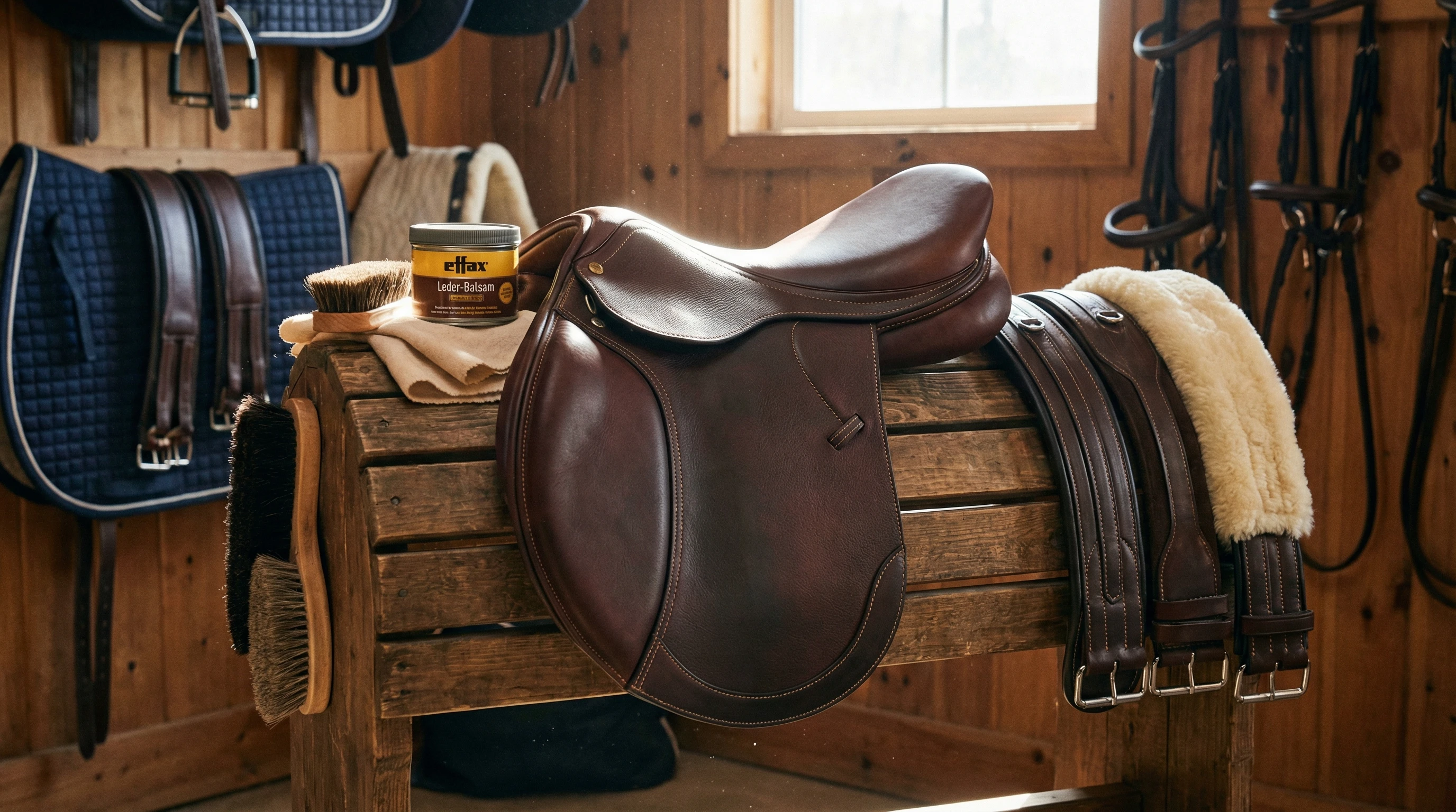 A close-up of a brand new English jumping saddle resting on a wooden saddle stand in a sunny tack room, with leather conditioner, brushes, and girths laid out nearby. Saddle pads and stirrup leathers are visible in the background.