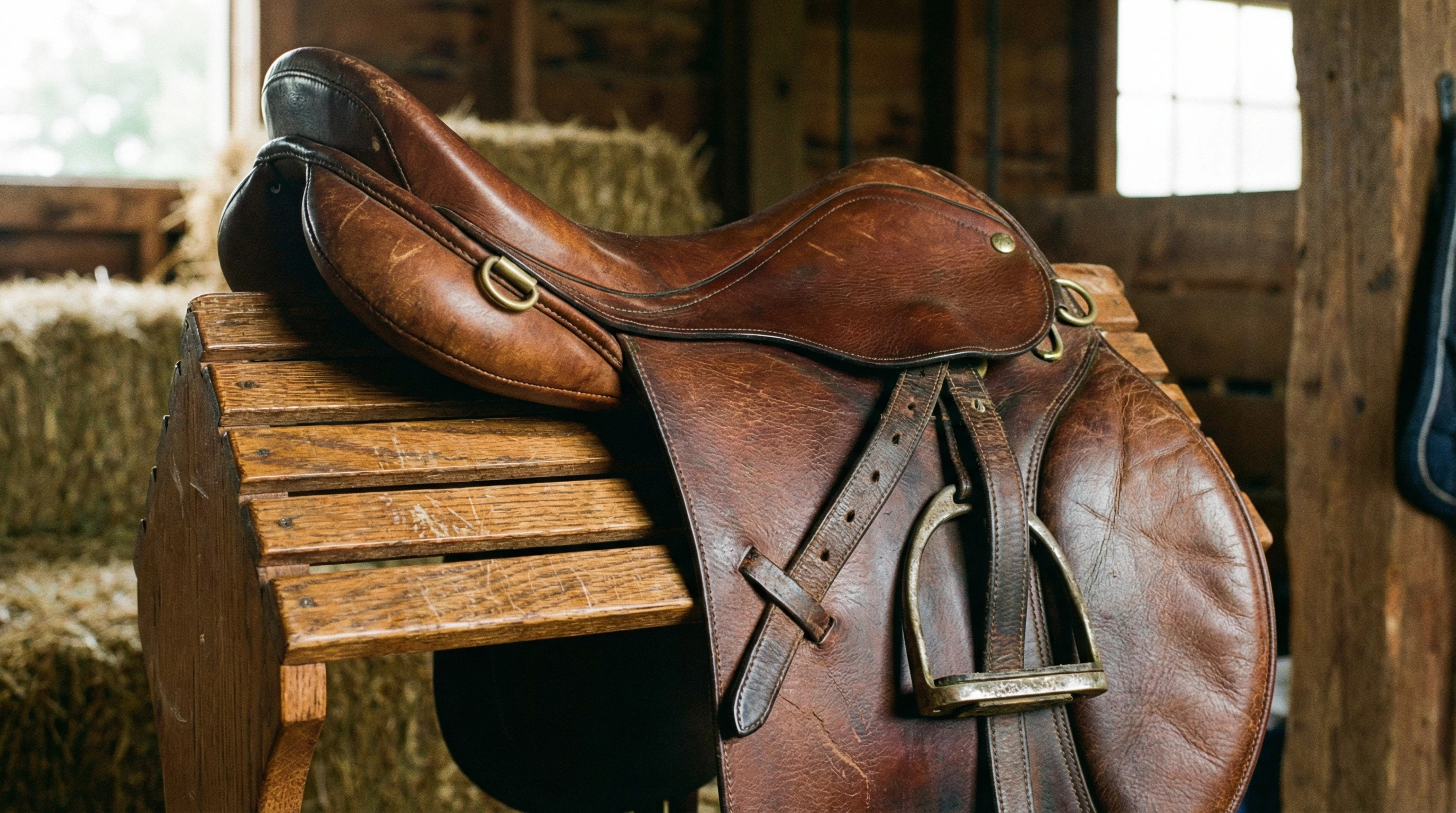 Detailed close-up of an English saddle placed on a wooden saddle rack in a stable. The image focuses on key parts like the seat, cantle, pommel, and stirrup leathers, capturing the rich leather texture and metallic fittings, without any people present.