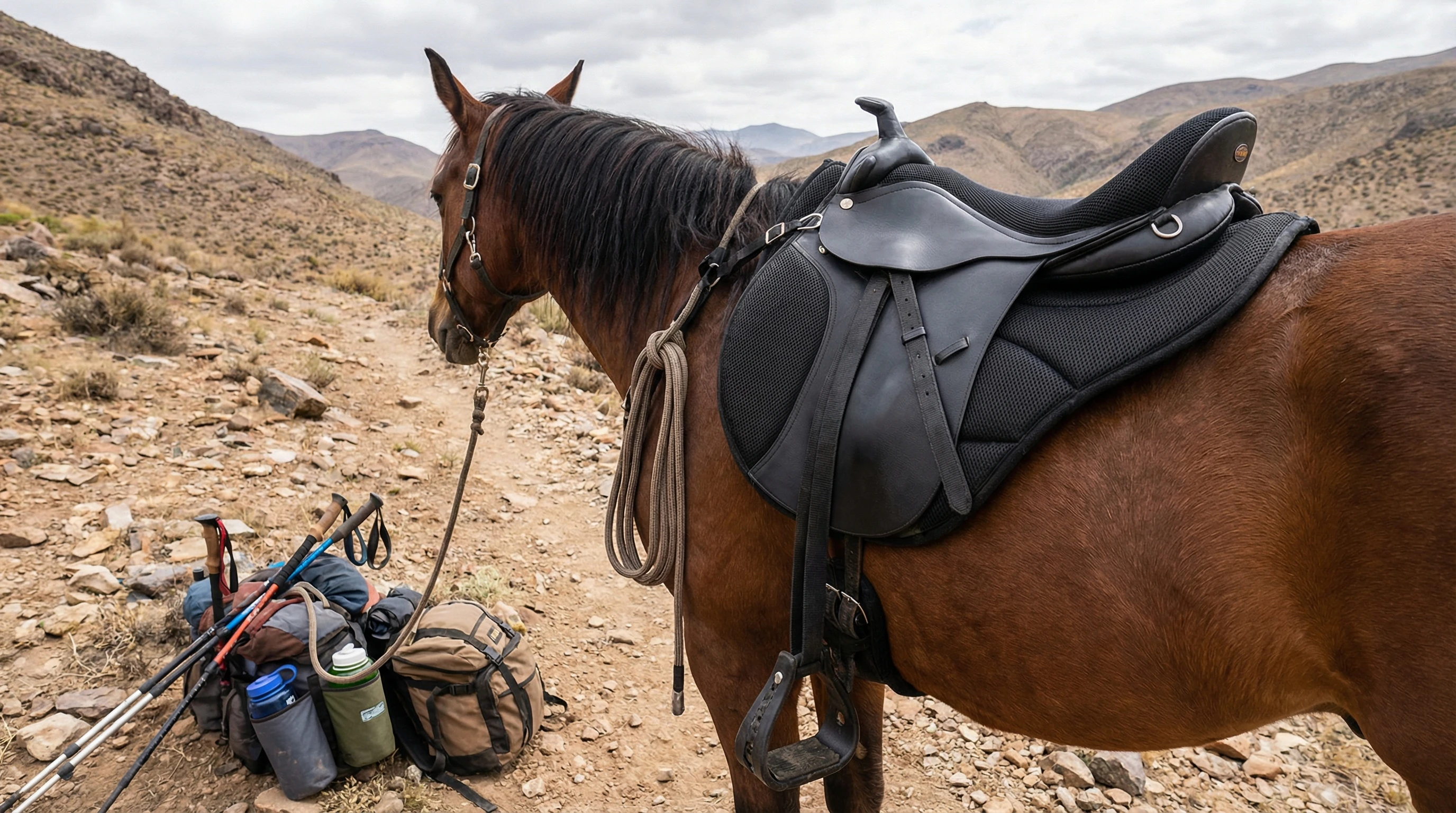 A lightweight endurance saddle on a horse, designed for trail riding in rugged terrain