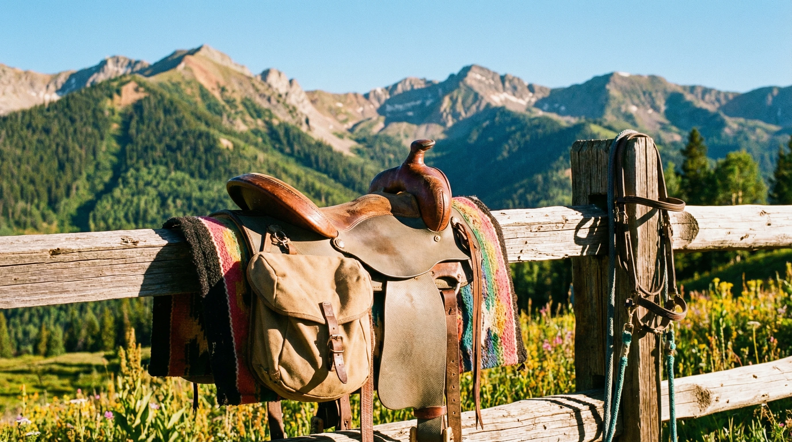 A lightweight trail saddle resting on a wooden fence with mountains in the background