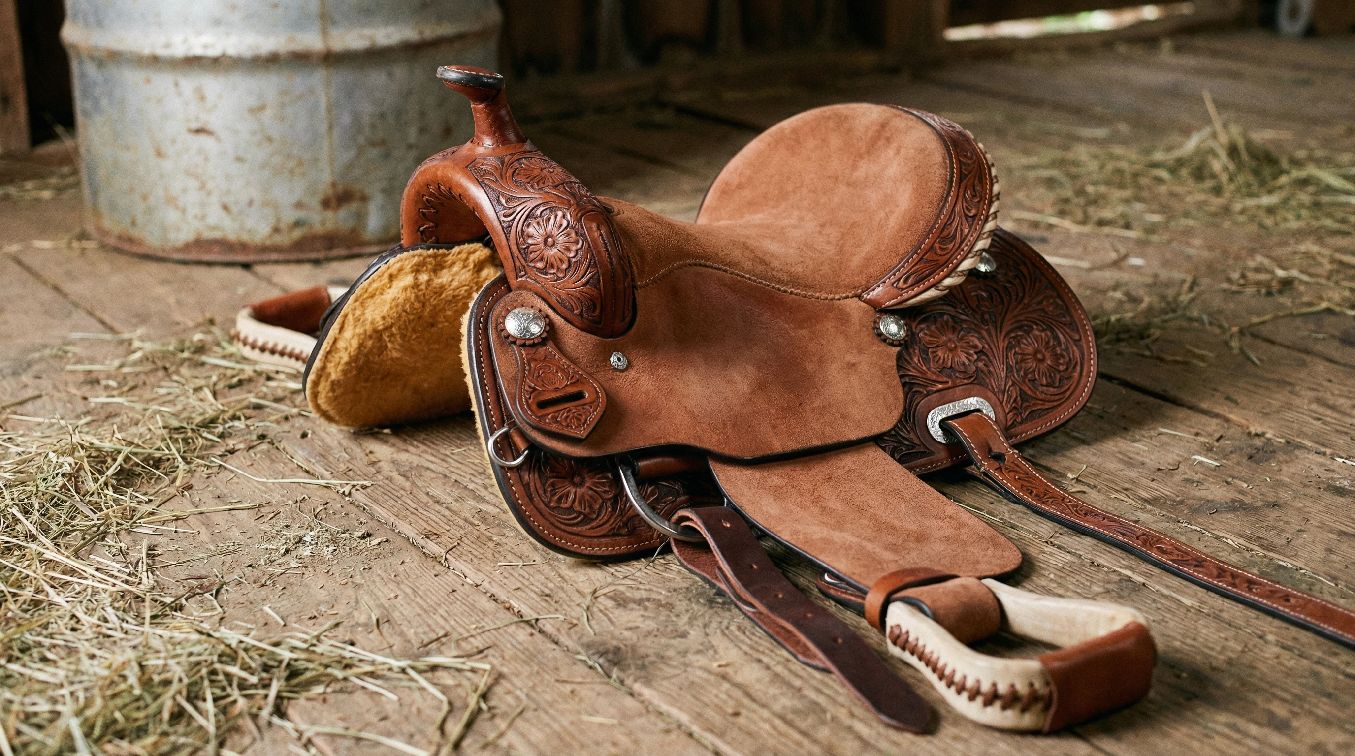 Close-up view of a modern leather barrel racing saddle on a wooden barn floor with a barrel in the background.
