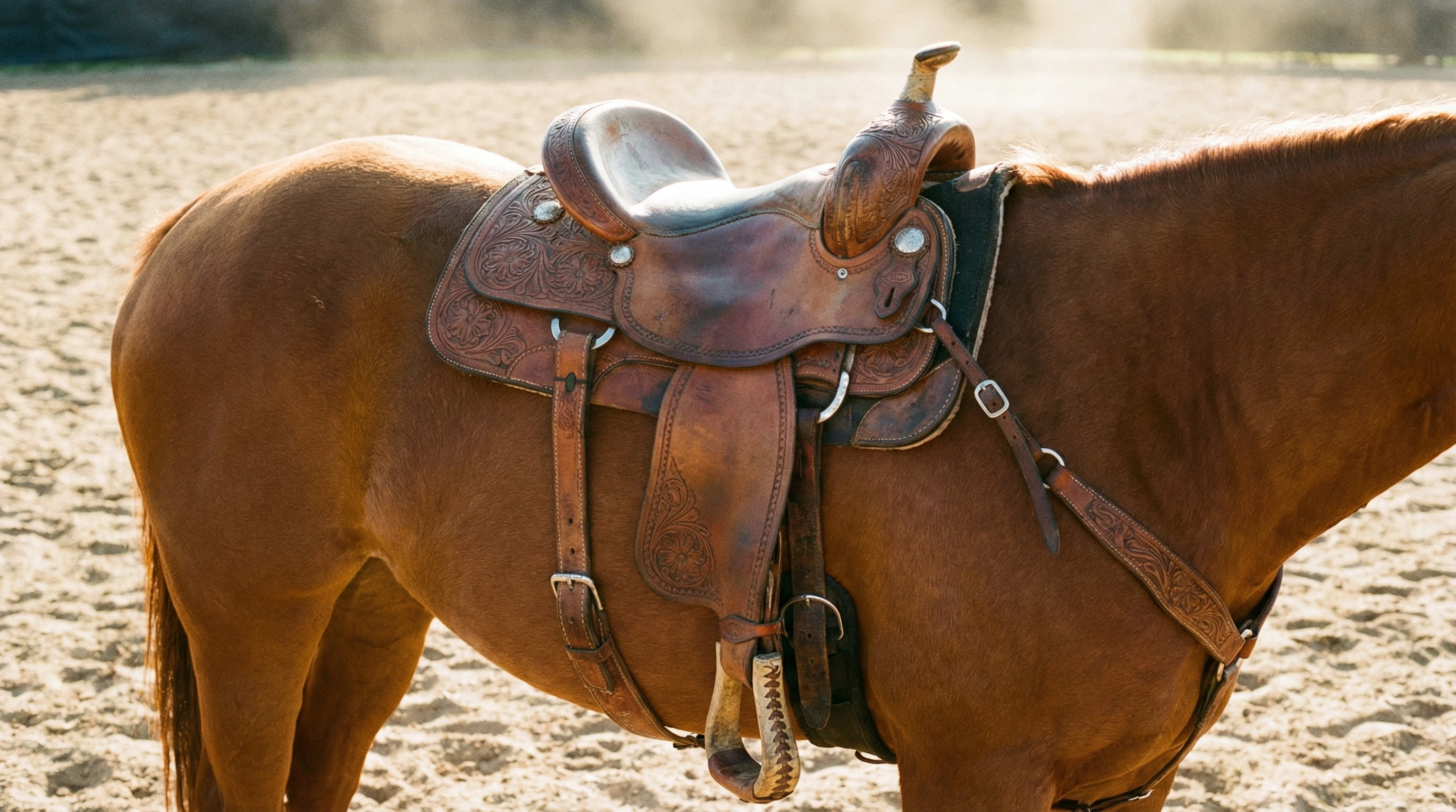 A barrel racing saddle sitting on a bay horse in an outdoor arena.