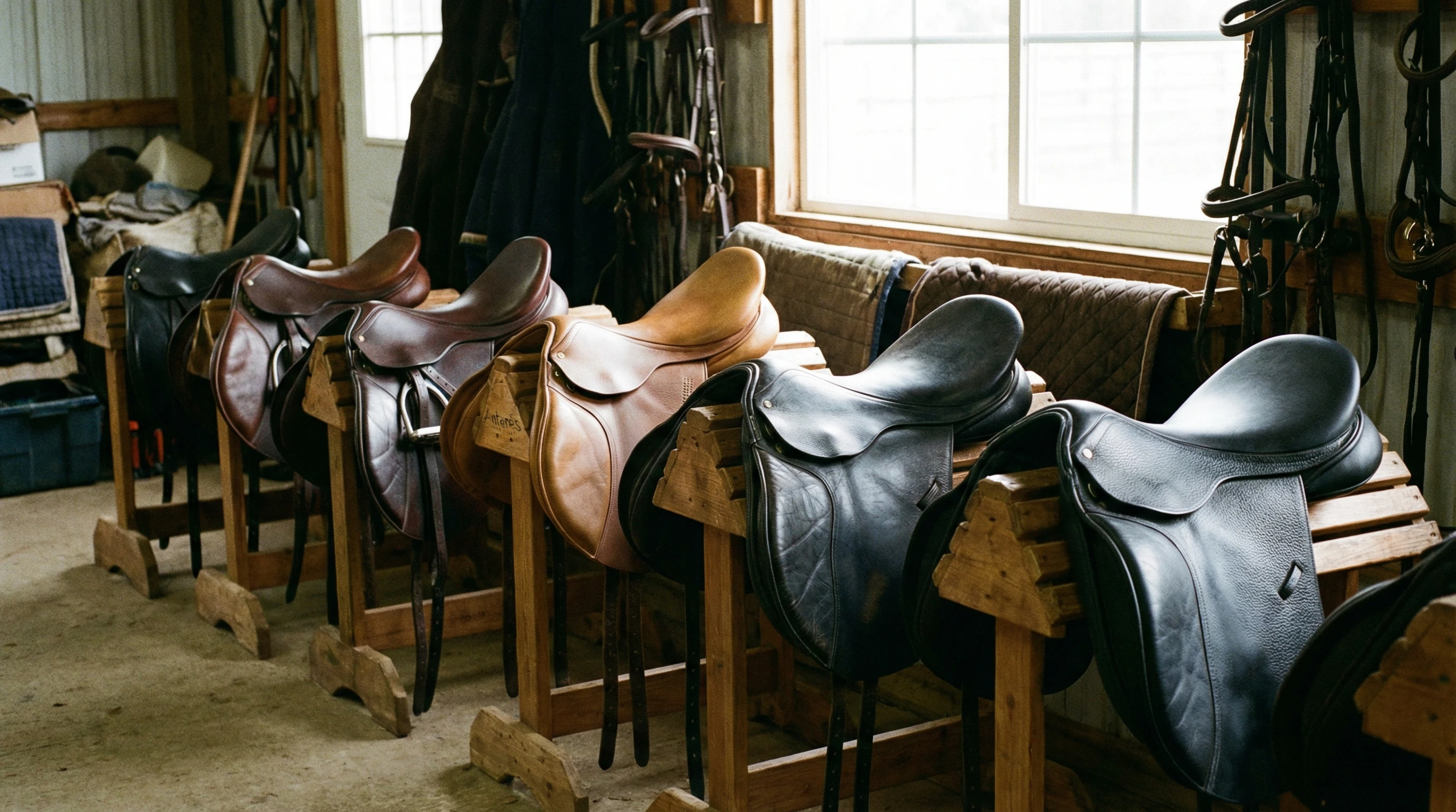 Close-up of dressage saddles lined up in a tack room