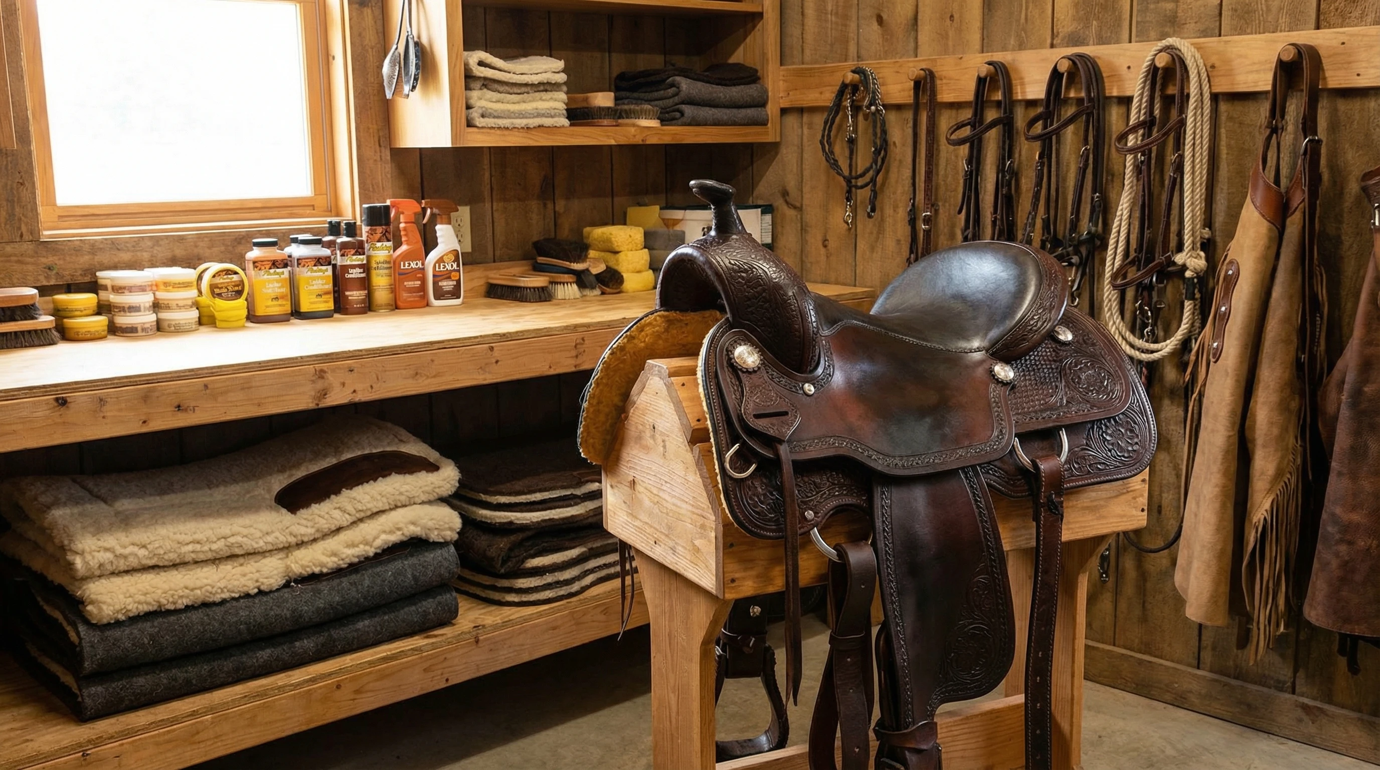 A well-maintained Western saddle in a tidy tack room with various saddle care items like cleaners, conditioners, and pads neatly arranged.