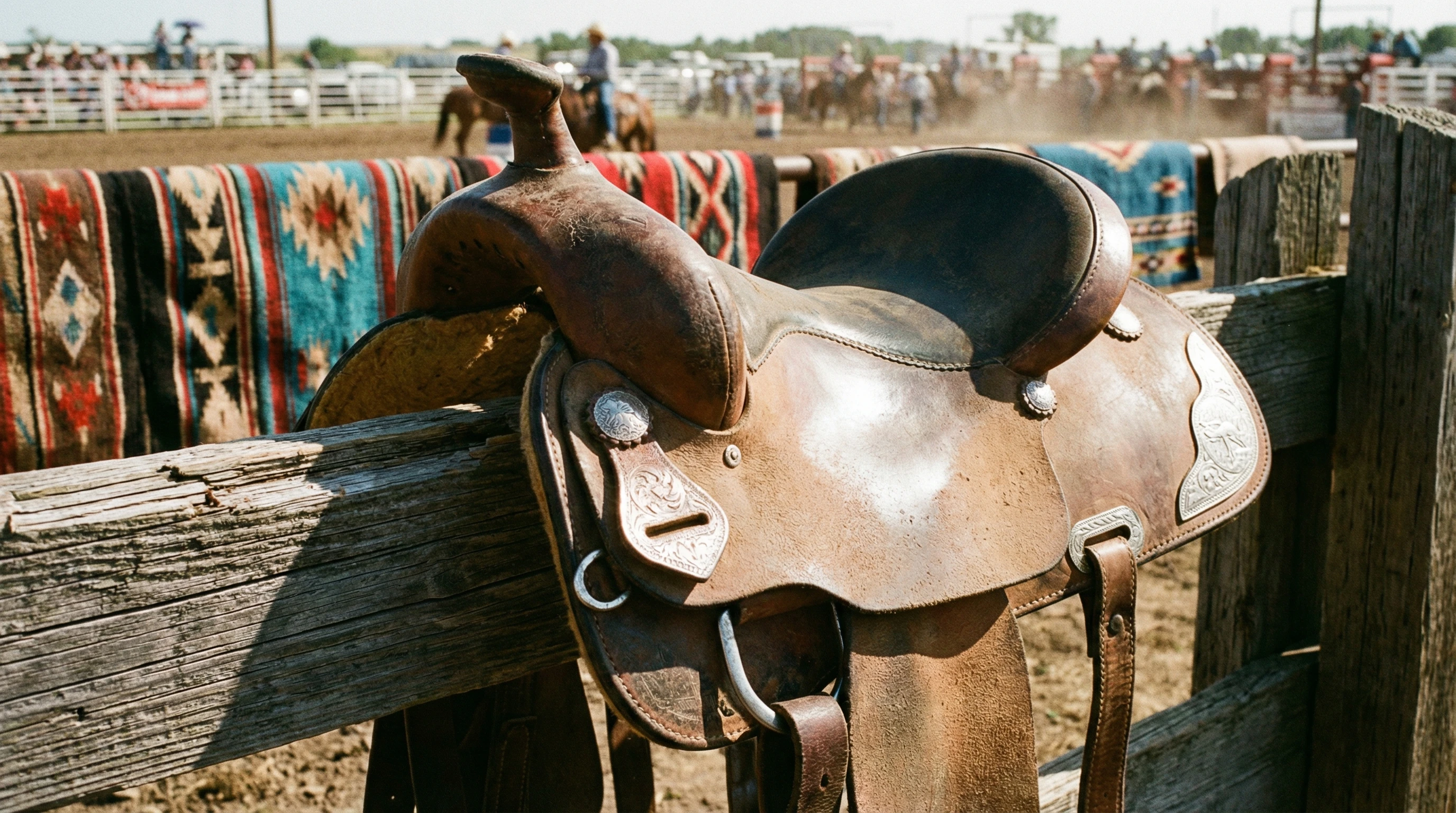 A close-up of a light barrel racing saddle resting on the fence of a rodeo arena