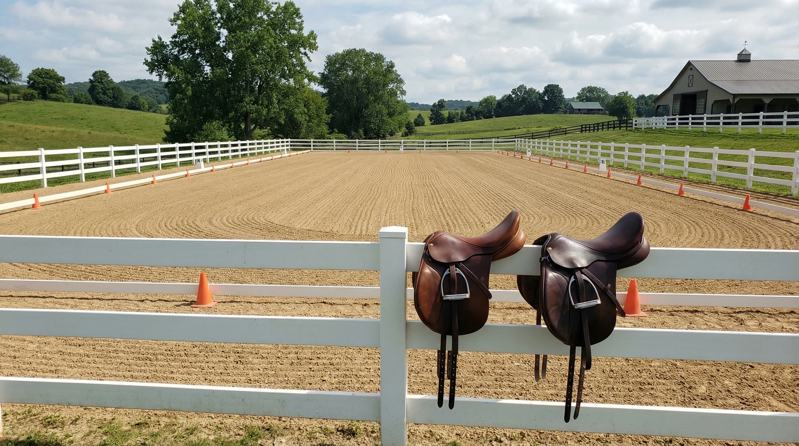 A well-groomed dressage horse standing next to a neat white fence in a sunlit paddock