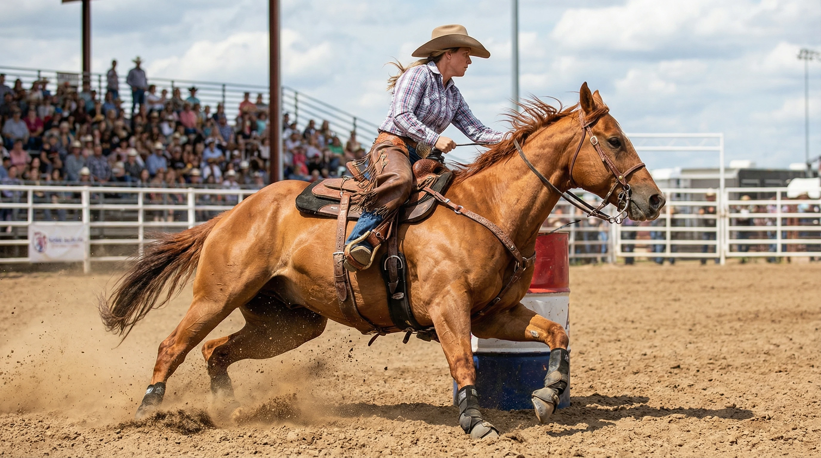 A powerful Quarter Horse bursts around a barrel at speed during a barrel racing competition.