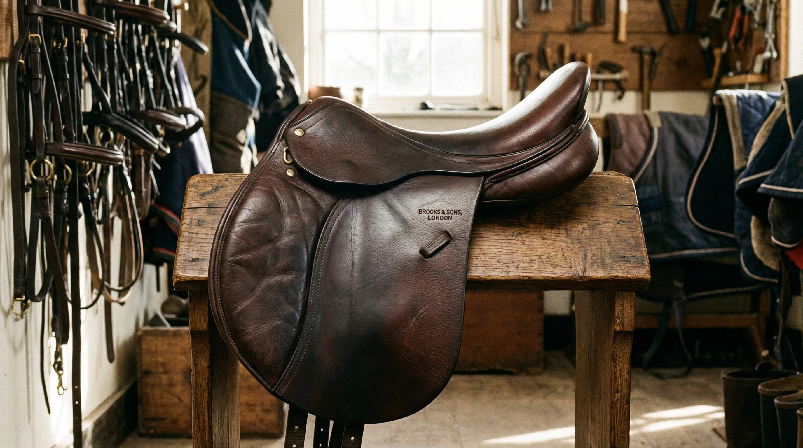 English leather saddle detail on a wooden saddle stand in a tack room