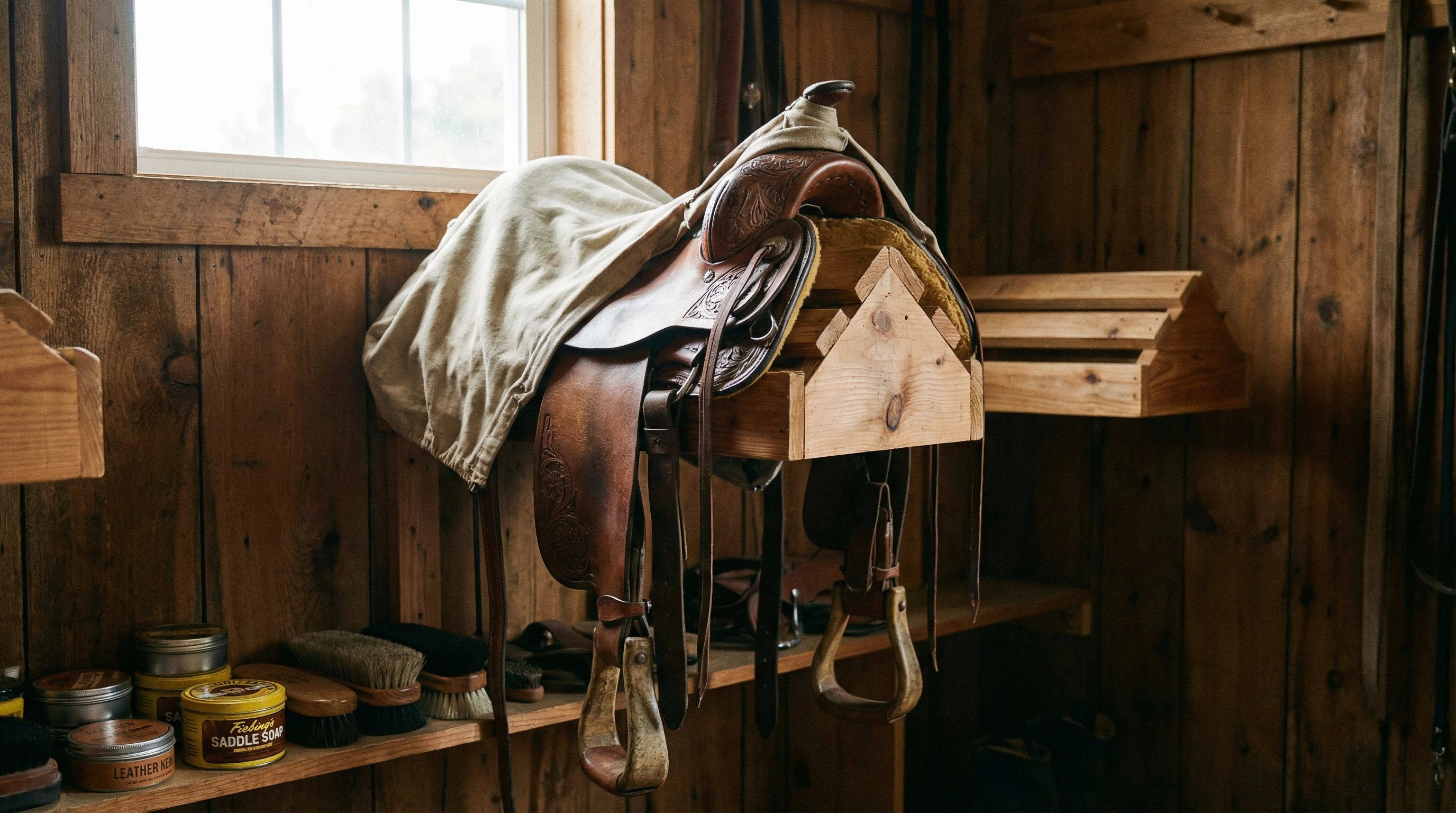 Western saddle in a tack room with protective cover, saddle rack, and soft lighting. Well-organized space with natural ventilation, highlighting weather-protection gear.