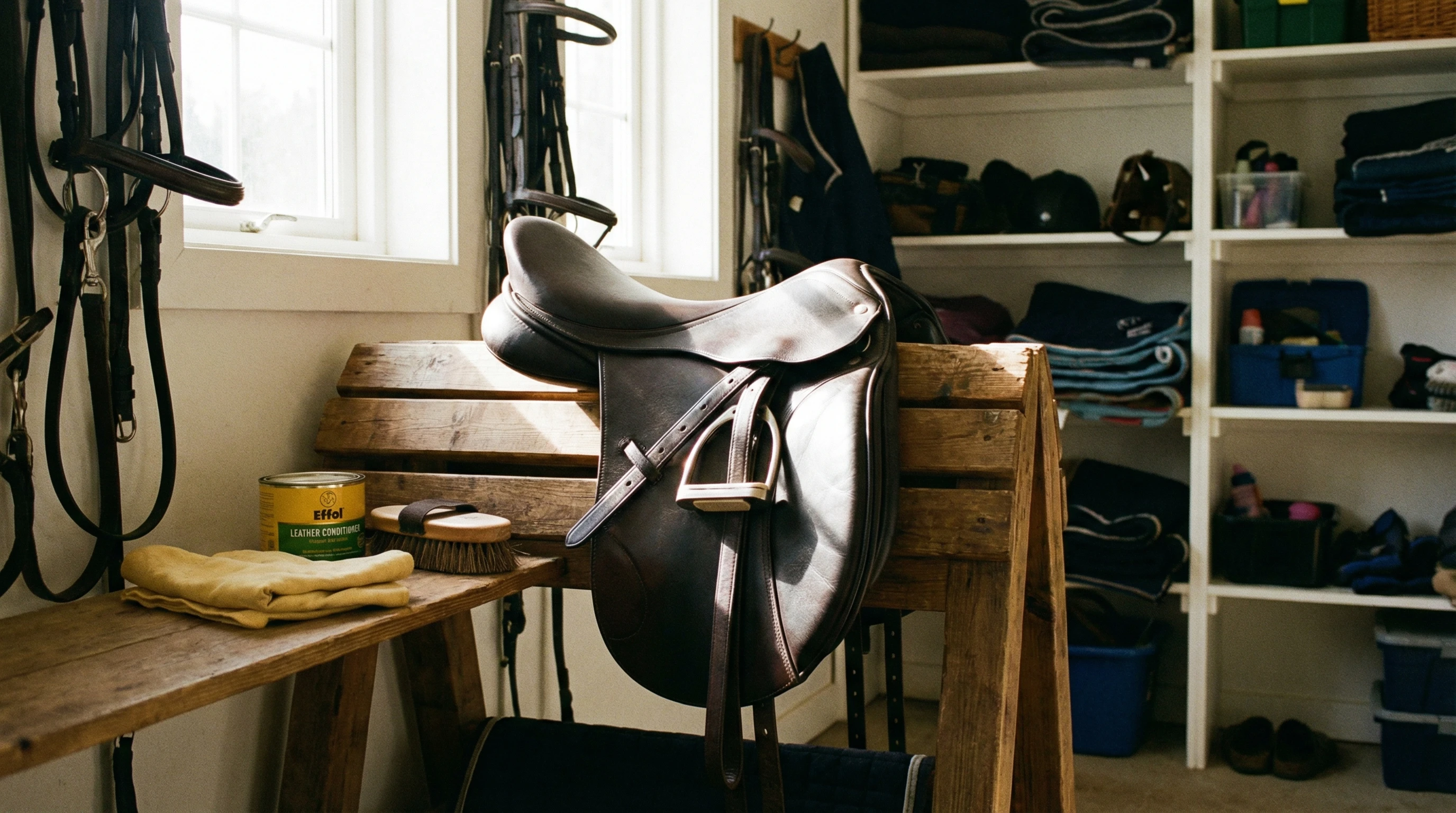 Close-up of a well-maintained dressage saddle resting on a wooden saddle rack in a tidy tack room. The leather looks clean, with visible stitching and well-shaped panels. Nearby are a clean grooming brush, a small leather conditioner tub, and a soft cloth.