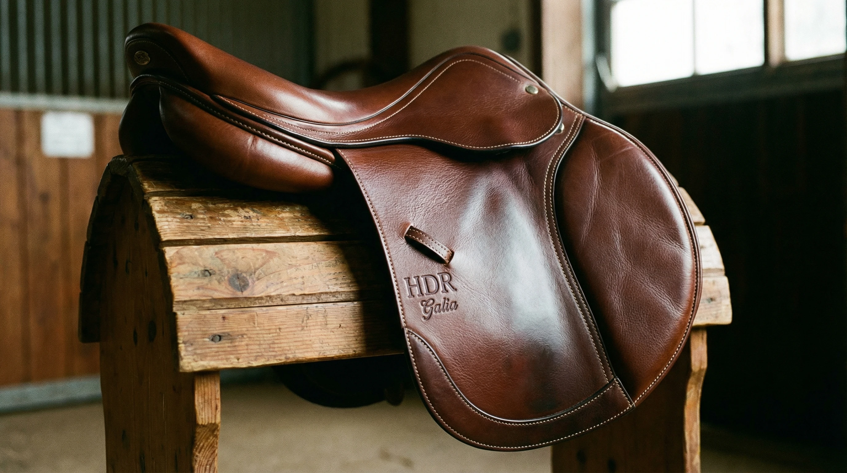 A close-up image of a clean, well-maintained HDR Galia Close Contact Saddle resting on a wooden saddle stand. The leather is rich brown and glossy with detailed stitching visible.