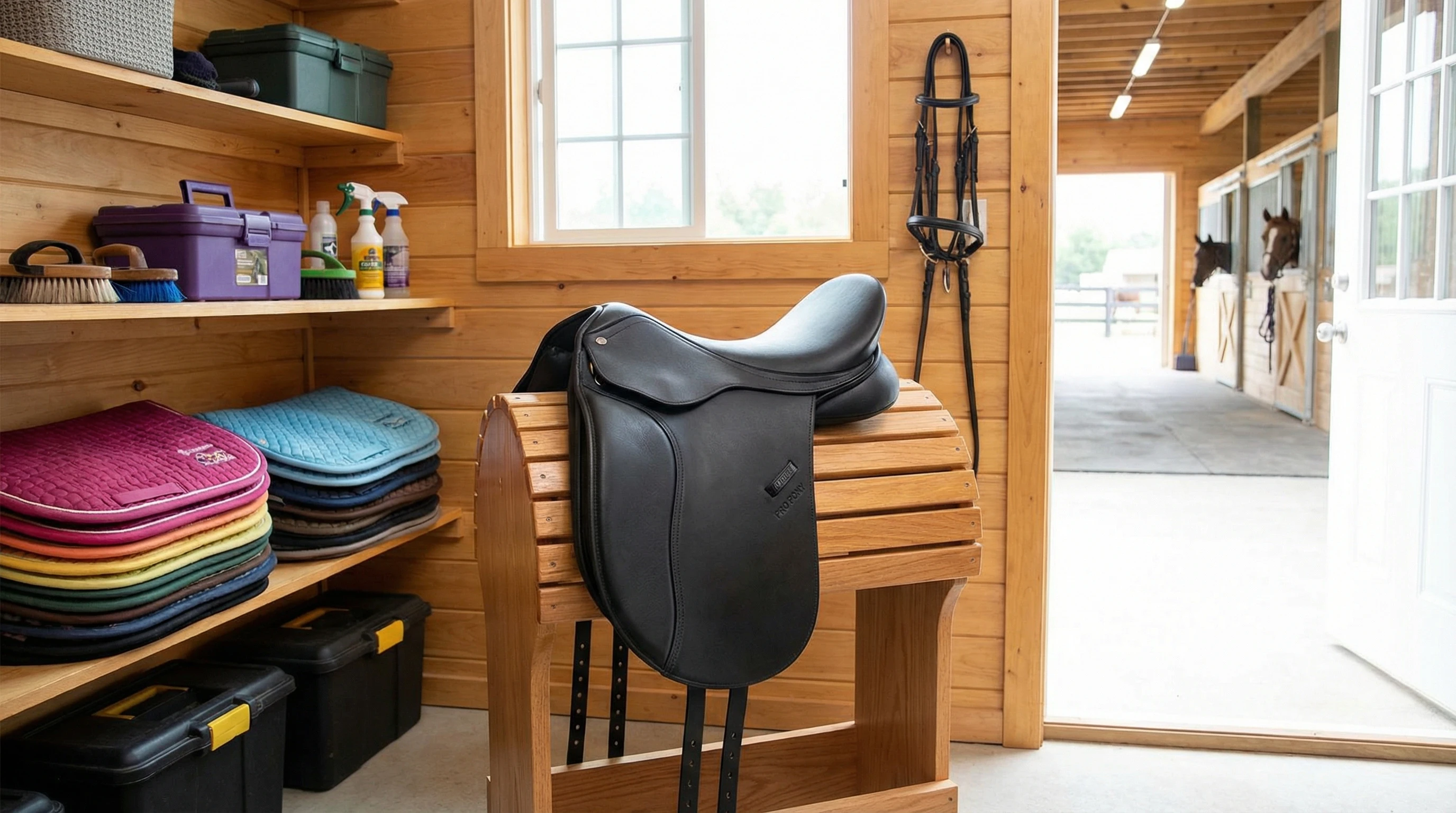 A Wintec Pro Pony Dressage Saddle on a pony saddle stand in a bright, clean tack room.
