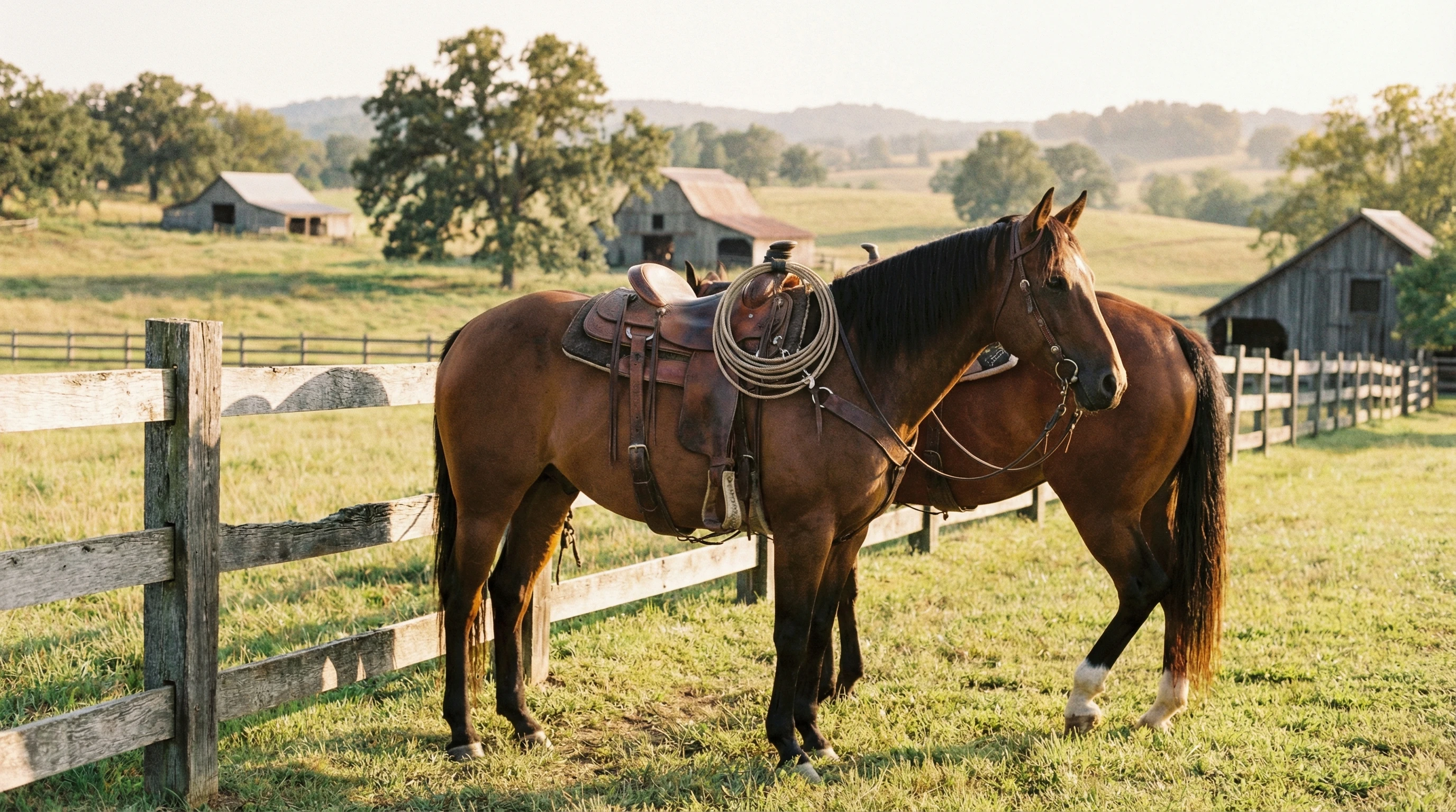 A calm Quarter Horse in a Western saddle standing in a sunlit pasture next to a wooden fence, gentle countryside background