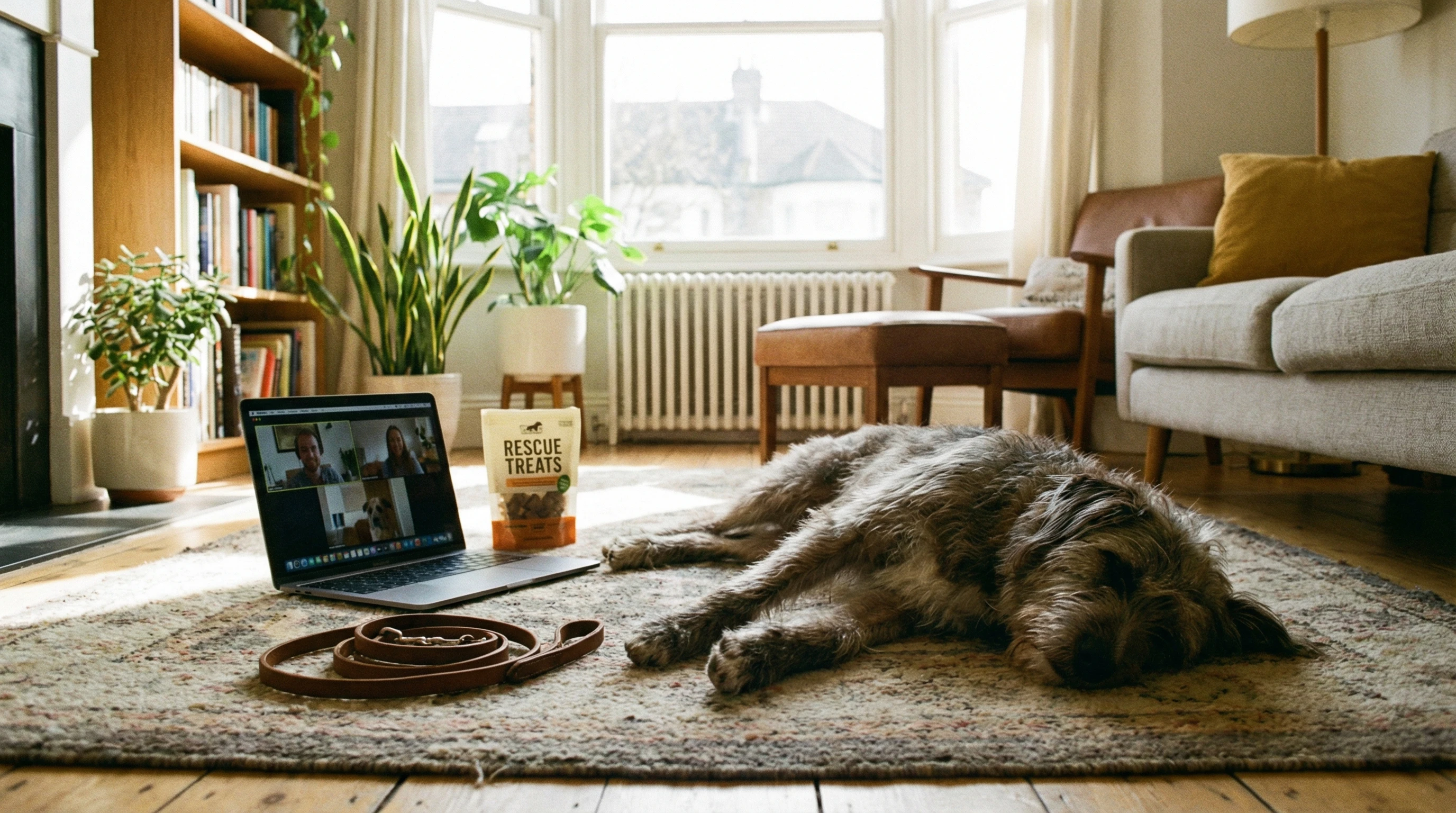 A relaxed adult dog looking at a laptop and leash on a living room rug, inviting a calm home training vibe.