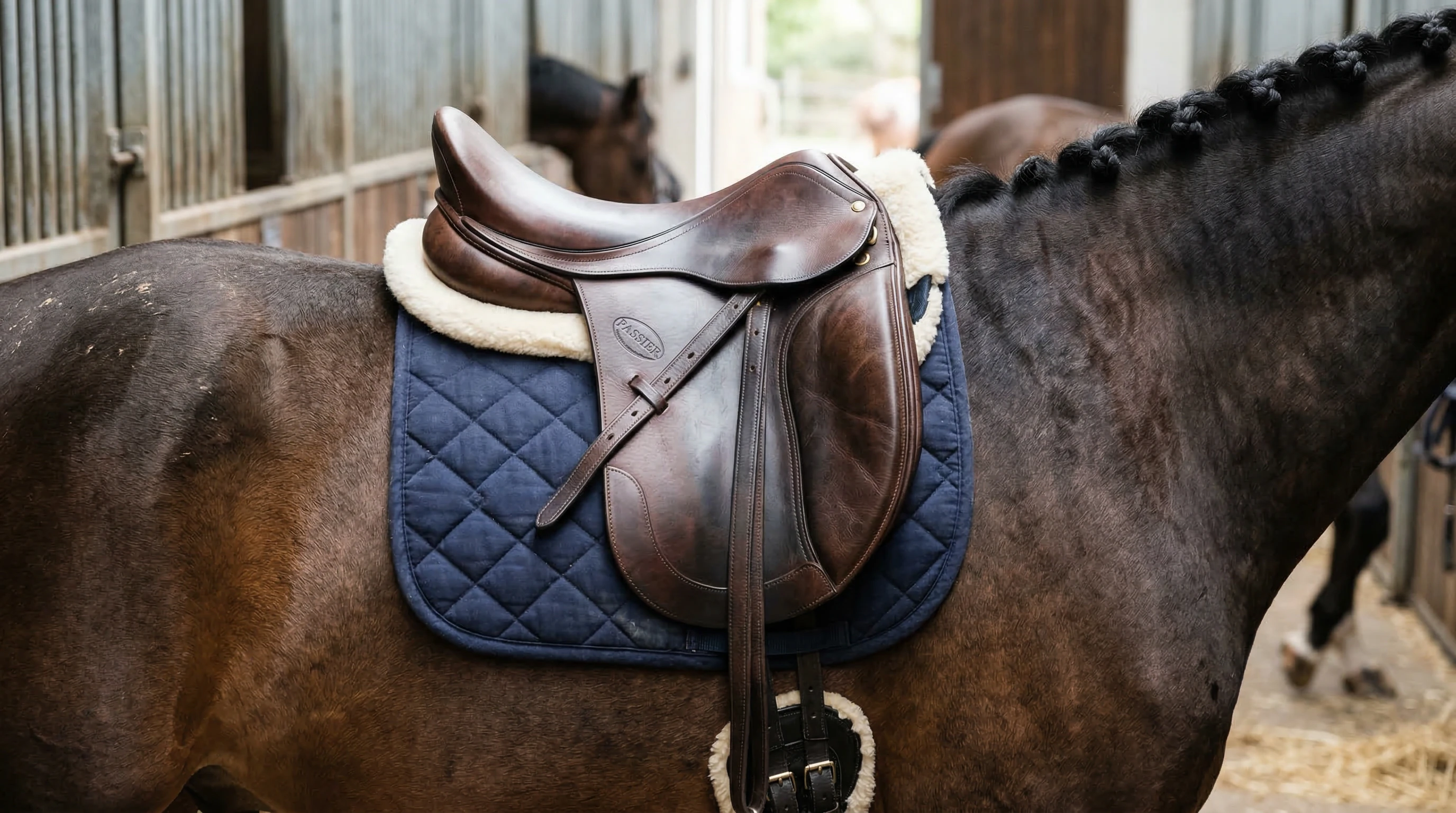 Close-up of a dressage saddle resting on a horse, capturing details of the panels, gullet, and seat in natural light.