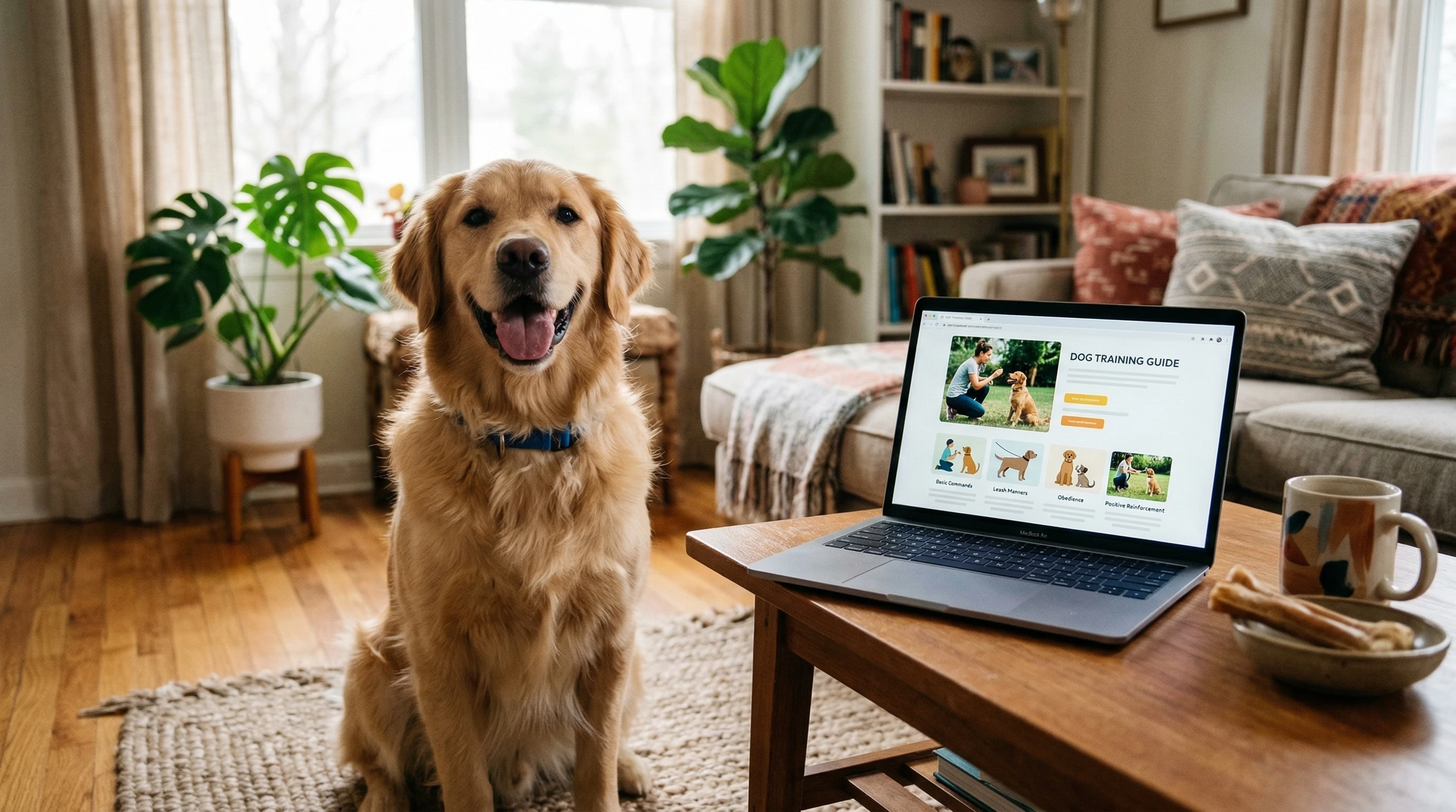 Golden Retriever dog sitting beside a laptop with dog training resources on screen, in a cozy living room with sunlight streaming in, no people