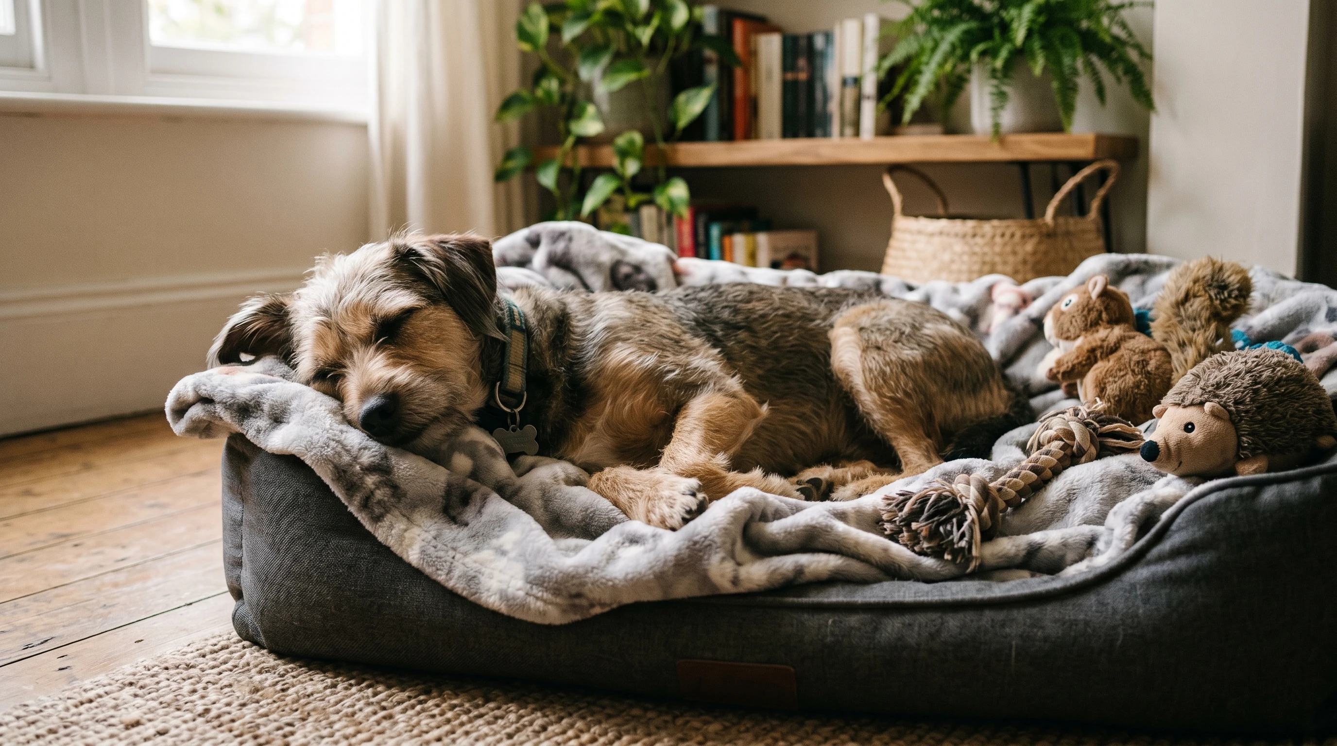 rescue dog relaxing on a cozy bed in a sunlit room