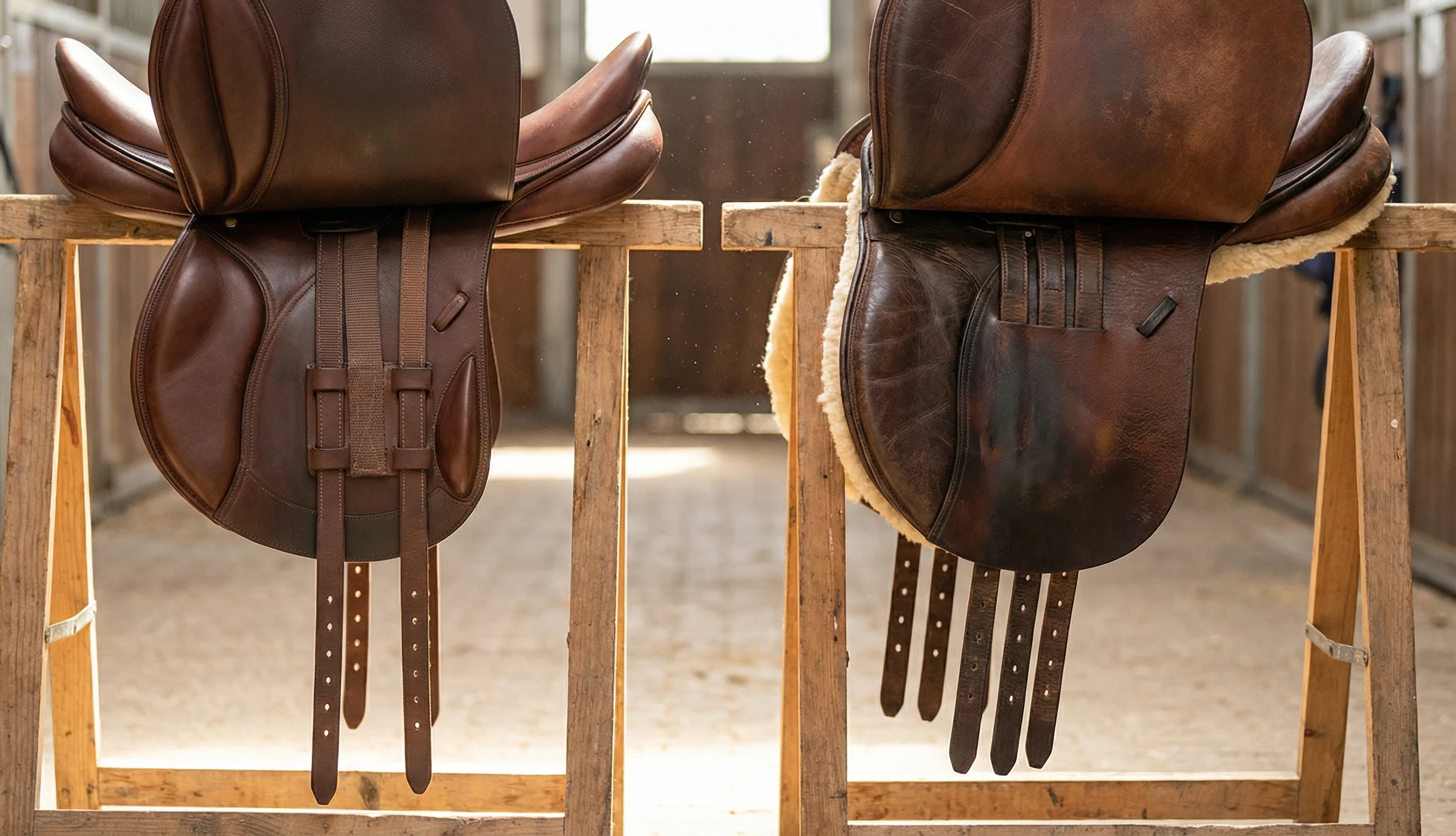Side-by-side comparison of monoflap and traditional double-flap dressage saddles showing structural differences