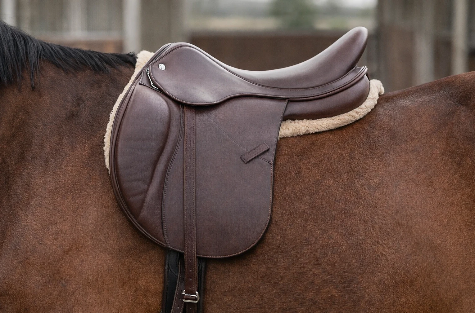 Side profile of traditional double-flap dressage saddle with outer flap covering hidden billets