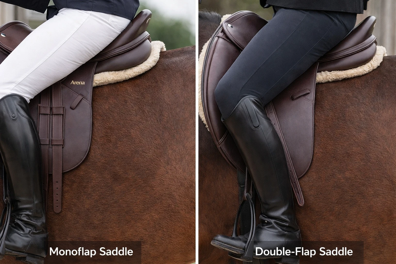 Comparison of rider leg position in monoflap versus double-flap dressage saddle showing difference in leather bulk
