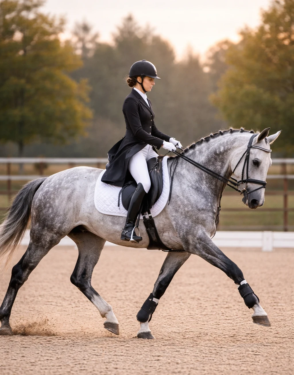 Rider in dressage frame using black monoflap saddle in show-ready arena setting
