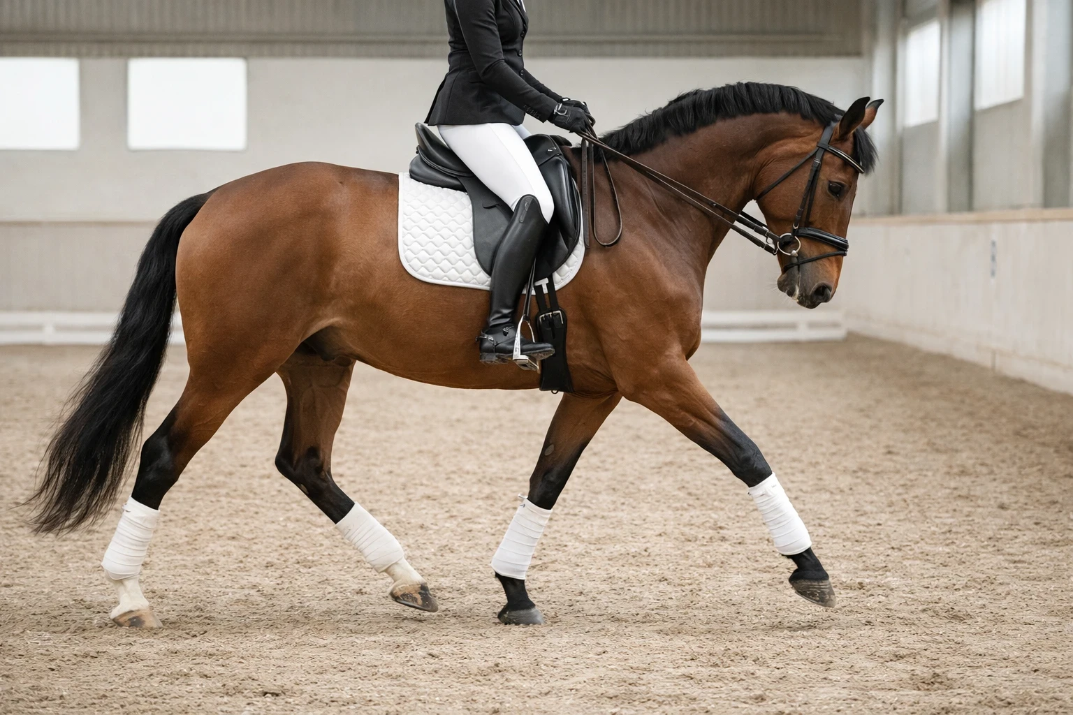 Arena monoflap dressage saddle in action with rider mounted on bay horse in dressage frame under indoor arena lighting