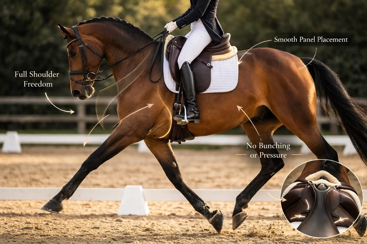 Dressage horse under saddle showing smooth panel placement, full shoulder freedom, and even pressure distribution with no bunching