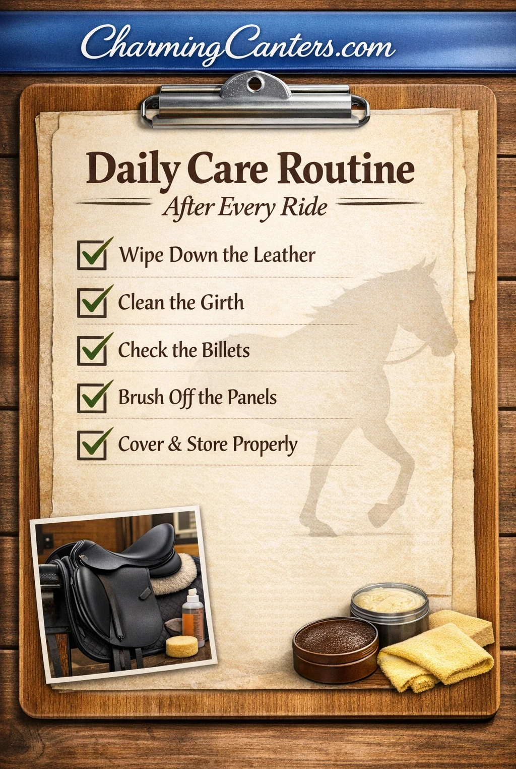 Daily Care Routine After Every Ride checklist from CharmingCanters.com showing post-ride Arena Monoflap Dressage Saddle care steps including wiping leather, checking billets, and proper storage.