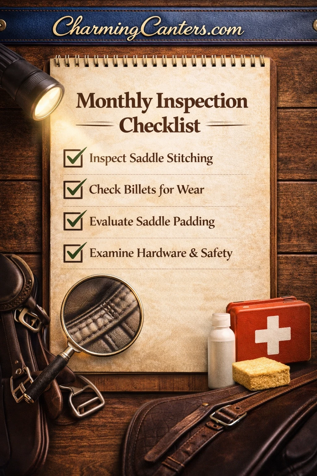 Monthly Inspection Checklist from CharmingCanters.com showing saddle stitching check, billet wear inspection, padding evaluation, and hardware safety review for Arena Monoflap saddle care.